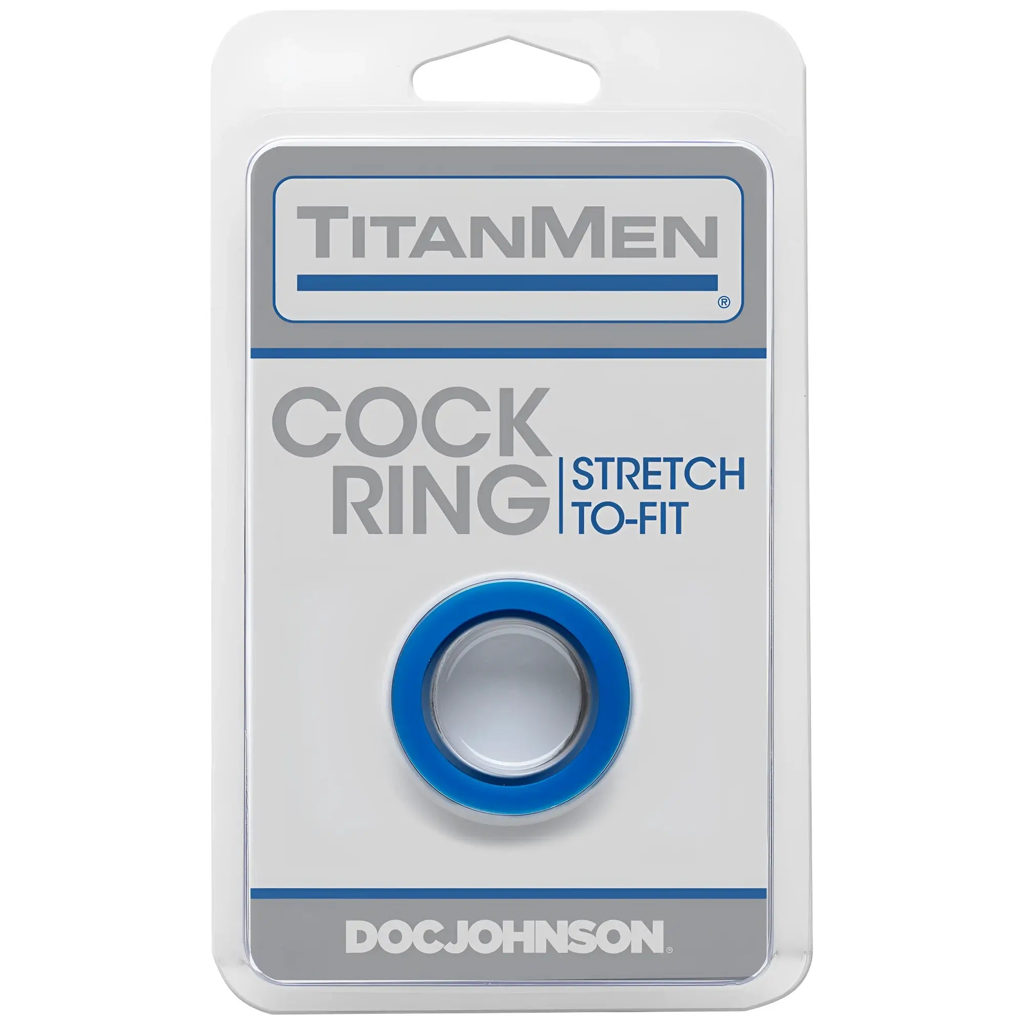 Titanmen cock ring blue stretchable clear and blue silicone ring in titanmen branded package for men