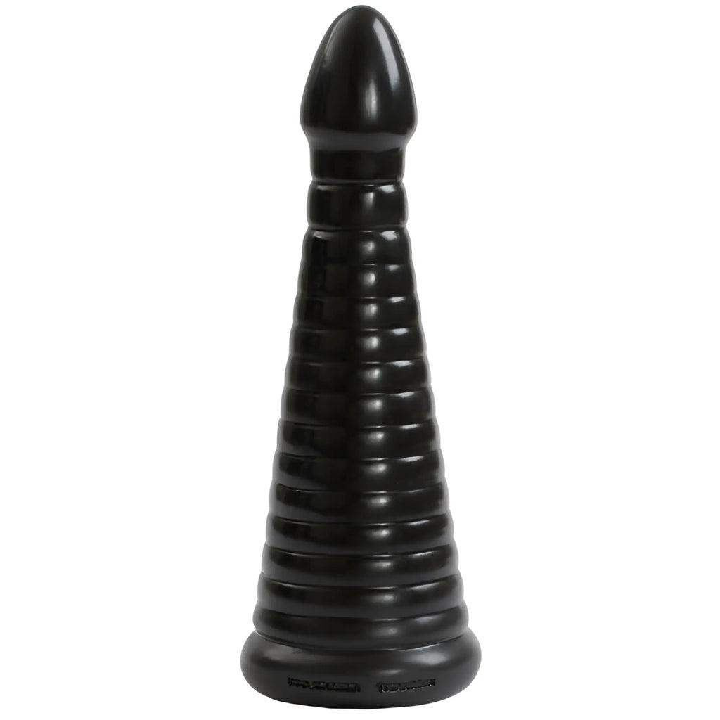 TitanMen Intimidator black ribbed silicone dildo with tapered rounded head and flared base for comfortable use