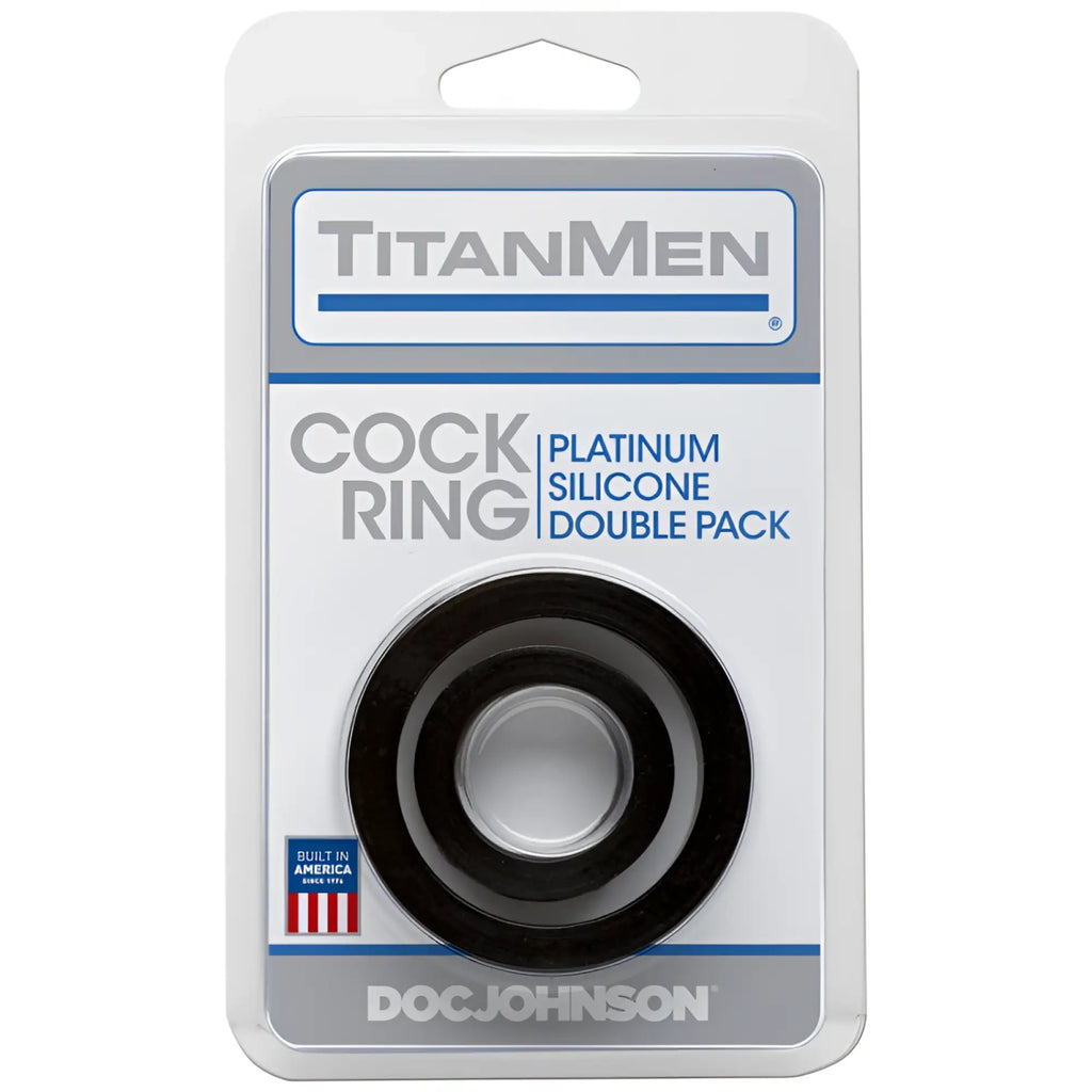 Black platinum silicone cock ring in titanmen packaging featuring double pack of black silicone cock rings