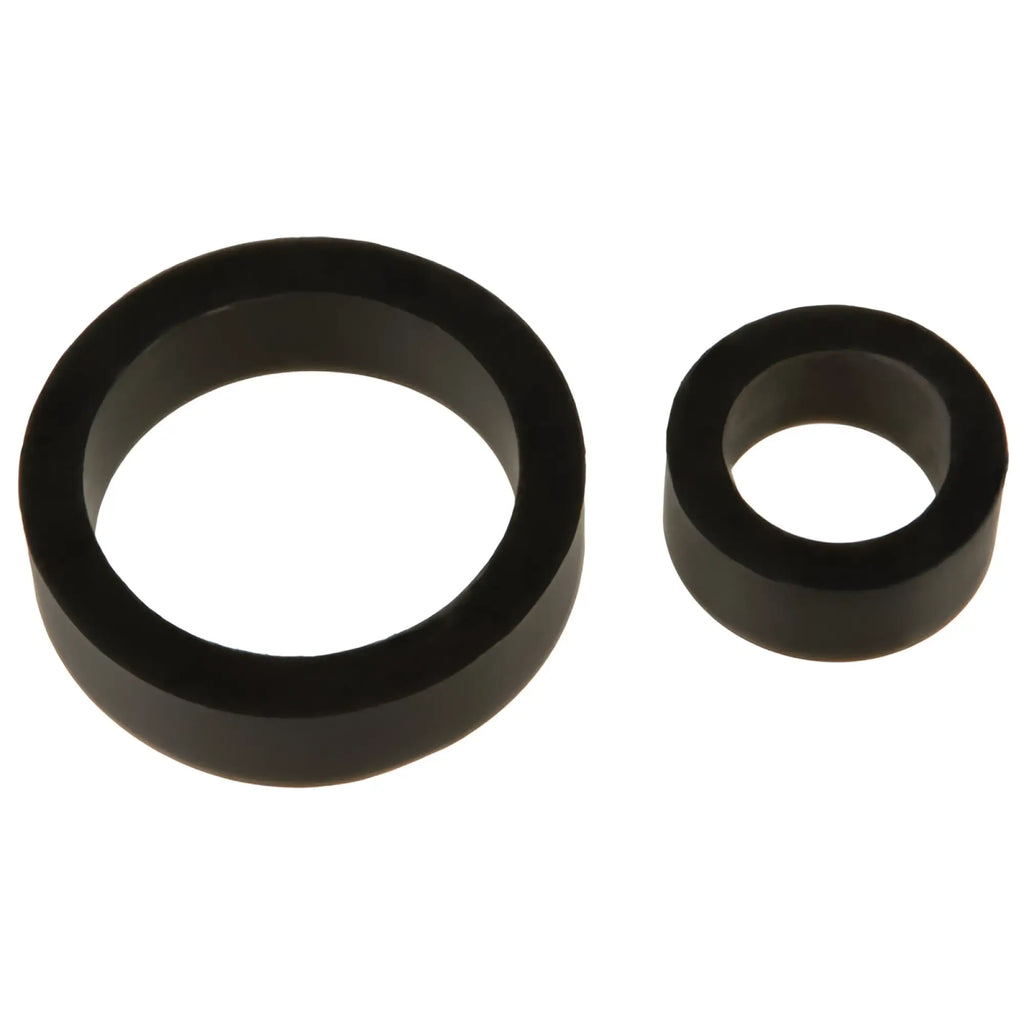 Black rubber o-rings in two sizes featured in the TitanMen silicone cock rings double pk black product set