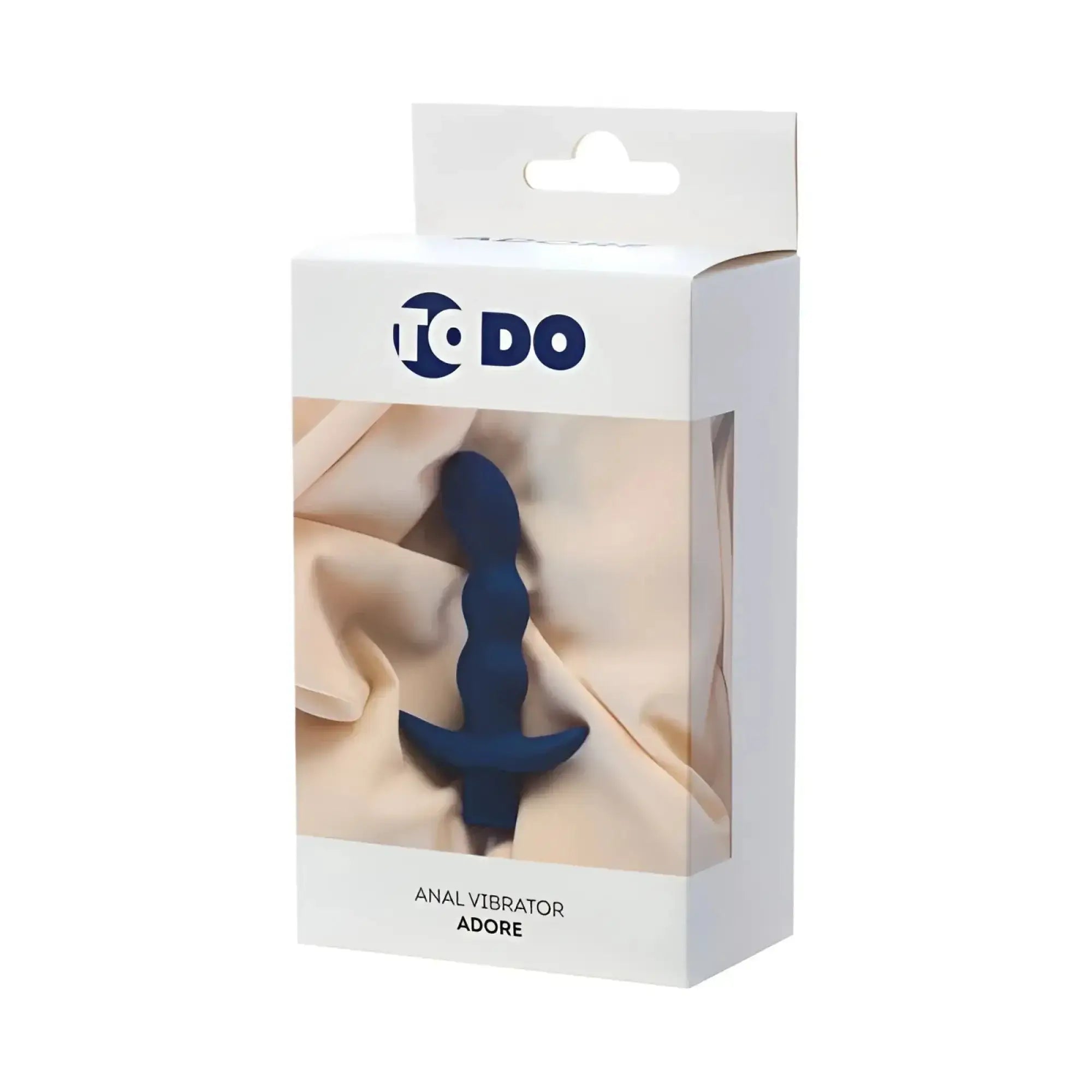 Dark blue silicone anal vibrator adore by to do shown inside its white packaging for intimate use
