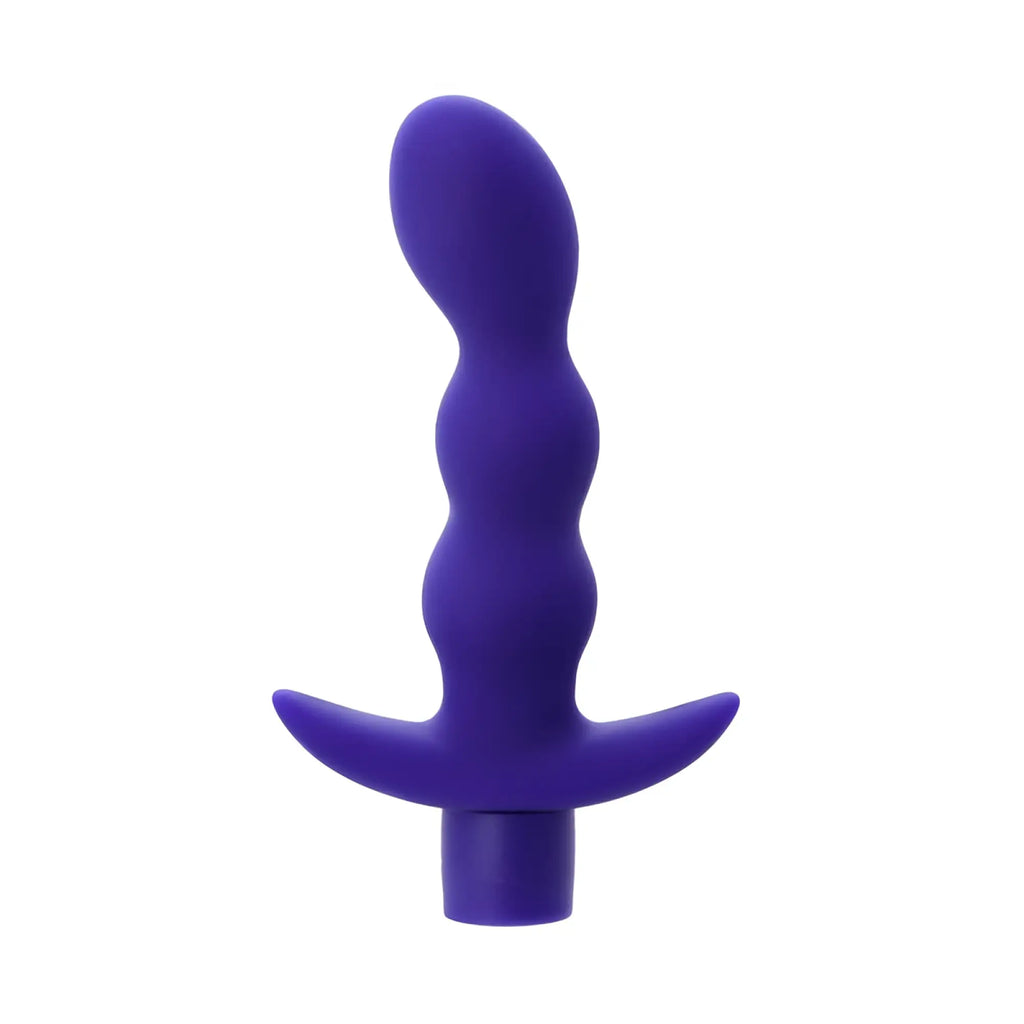 Purple silicone anal vibrator with wavy segmented design and curved base from todo todo adore product line
