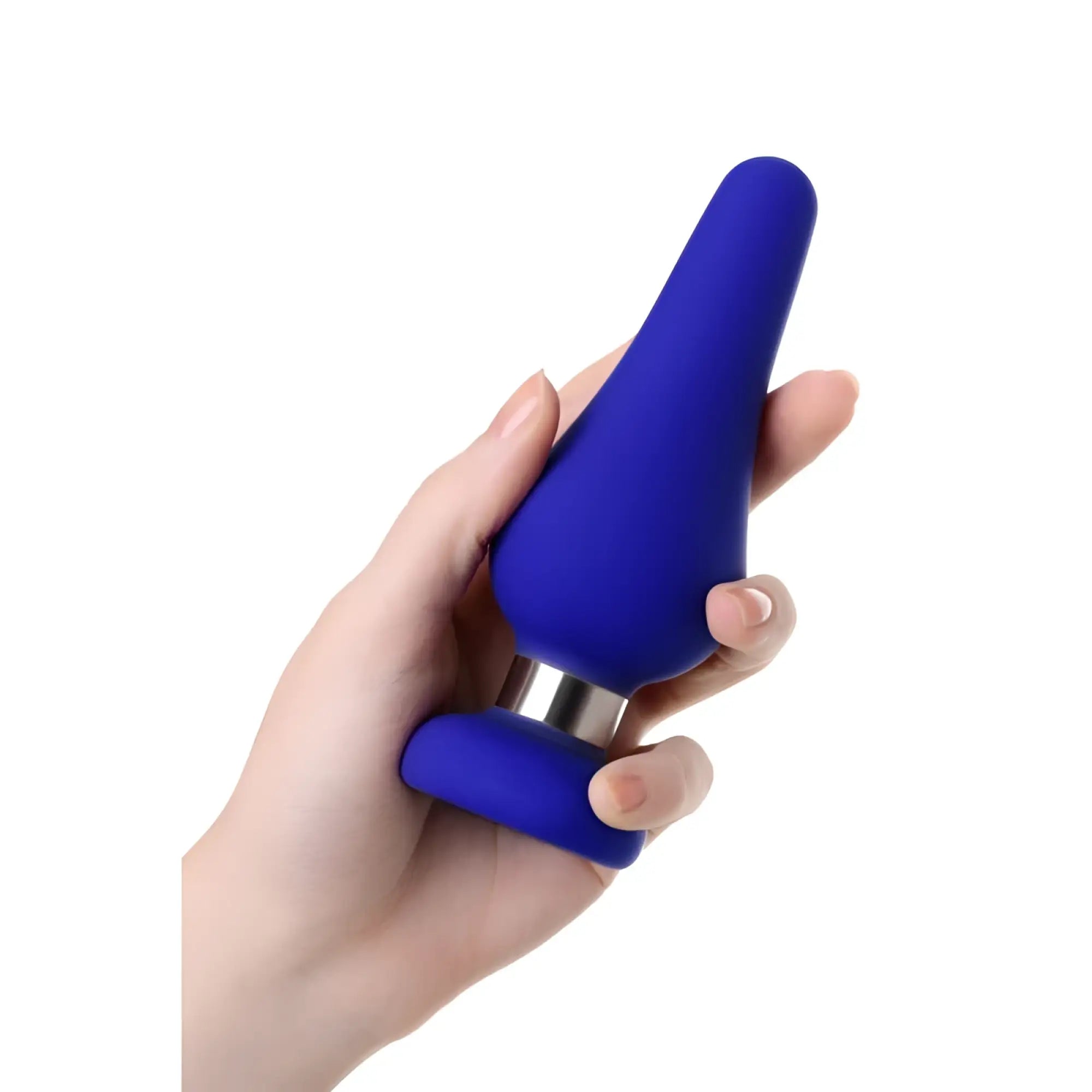 Blue silicone anal plug with metallic silver base and rounded handle from todo todo anal plug classic l series