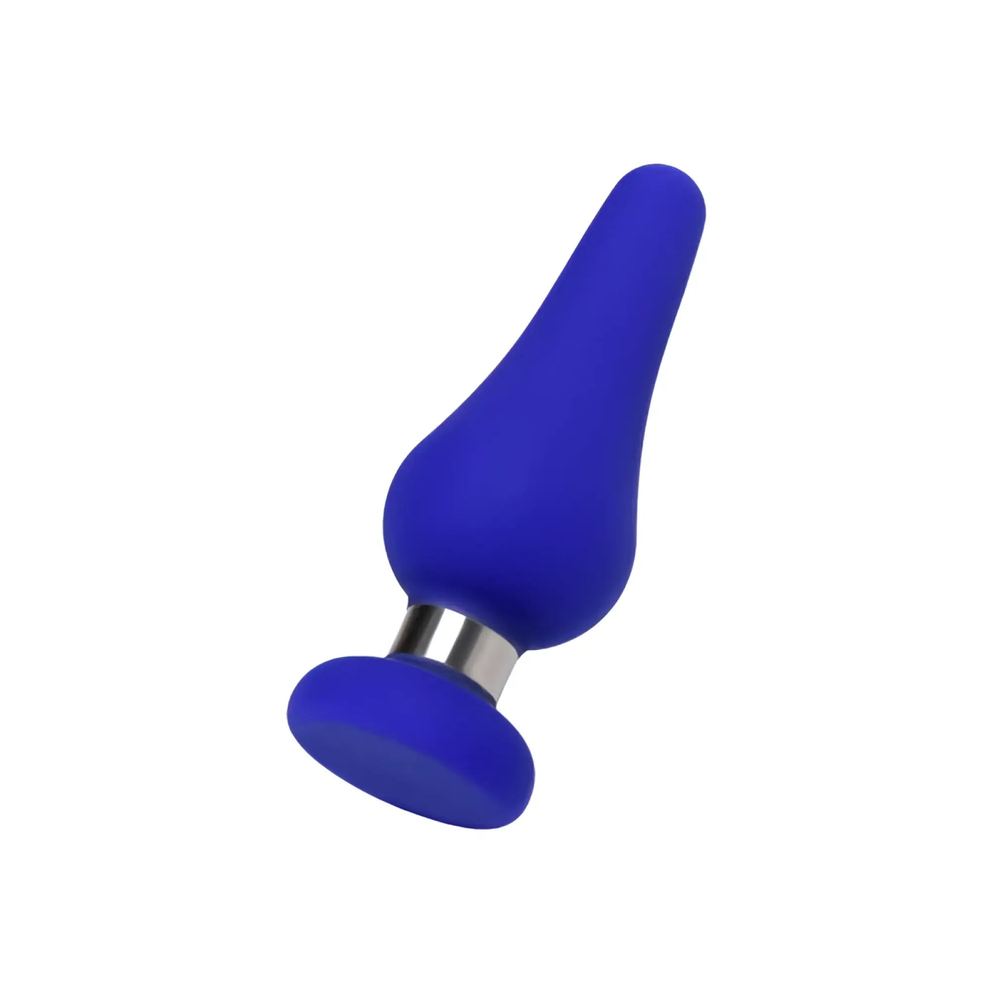 Blue silicone anal plug classic l with metallic silver ring at the base for comfortable and safe use
