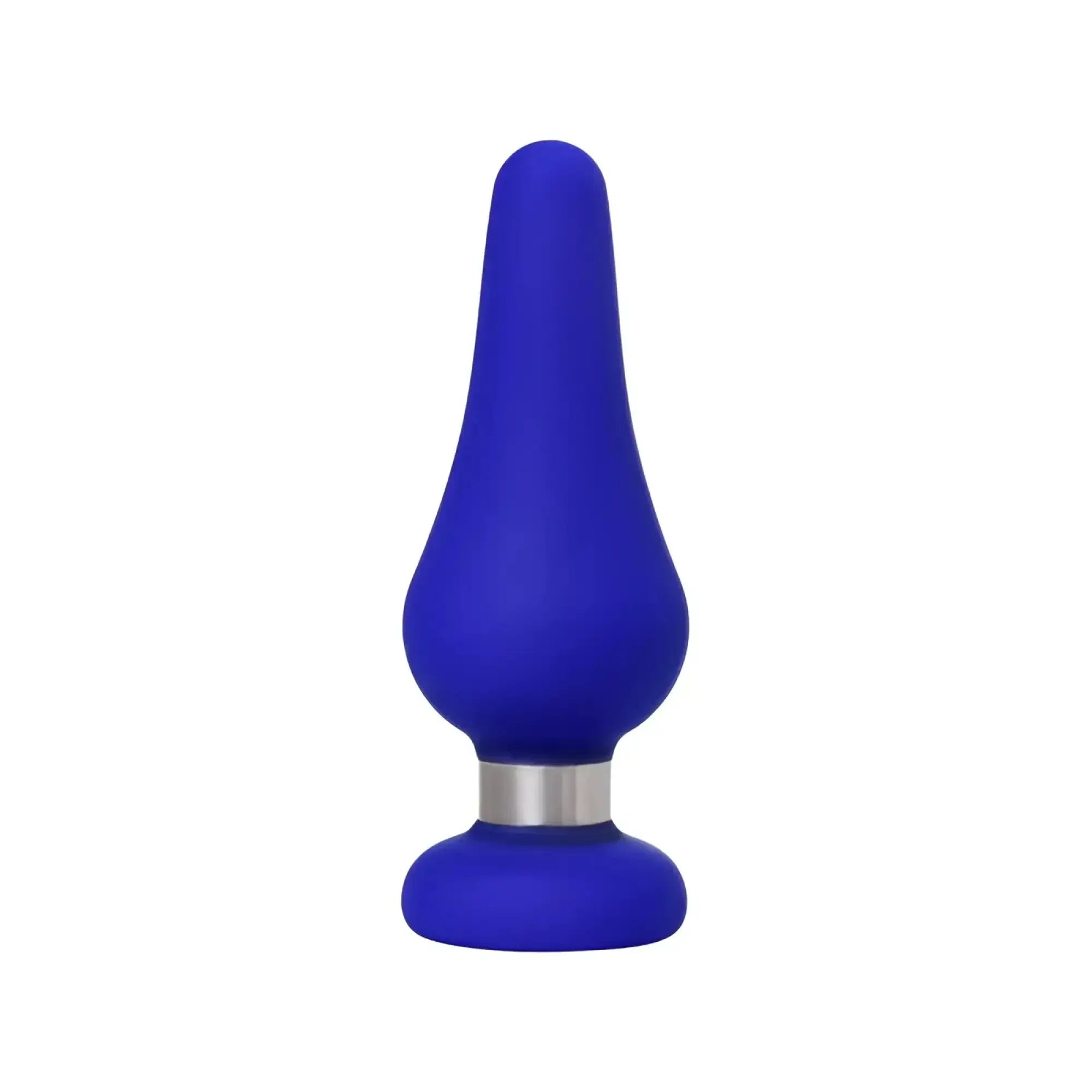 Blue silicone anal plug with silver metallic ring base from todo todo anal plug classic l series