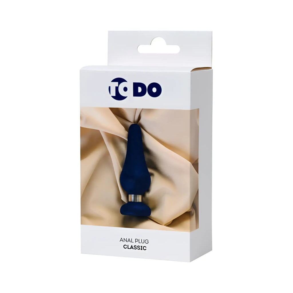 Dark blue silicone anal plug with metallic silver base in white to do classic packaging labeled todo anal plug classic l