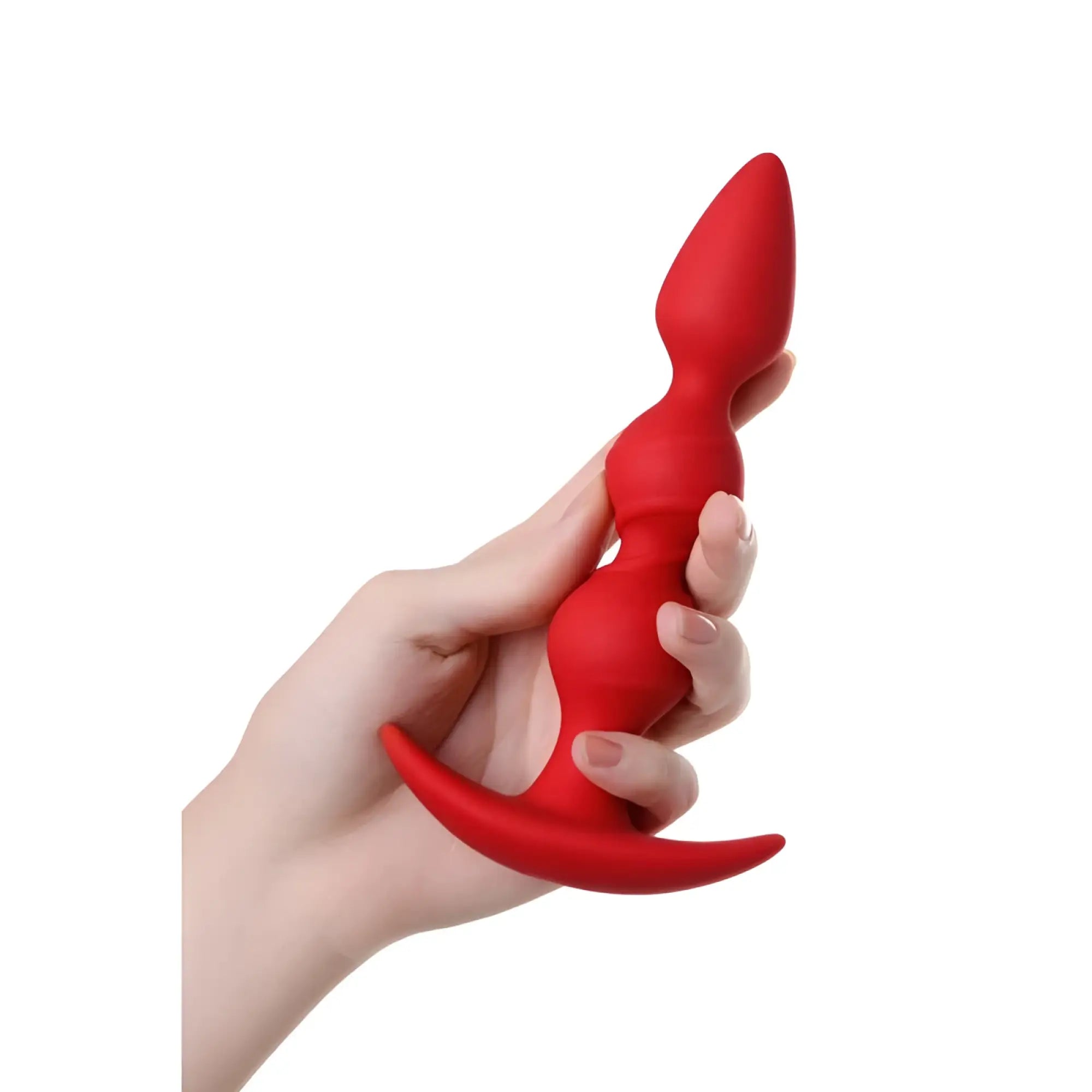 Red silicone anal plug with curved handle and segmented body from todo todo anal plug trio