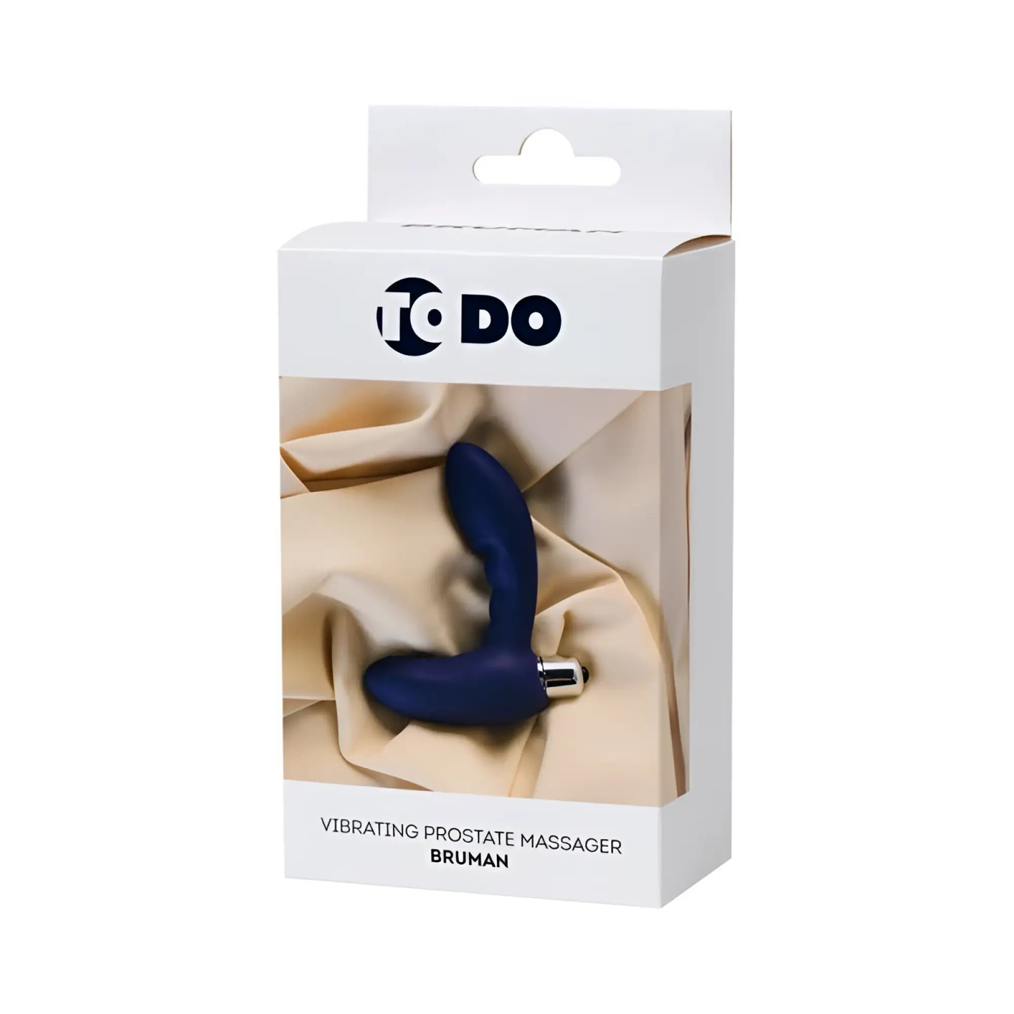 Dark blue silicone vibrating prostate massager with metallic silver tip branded bruman by to do for stimulation