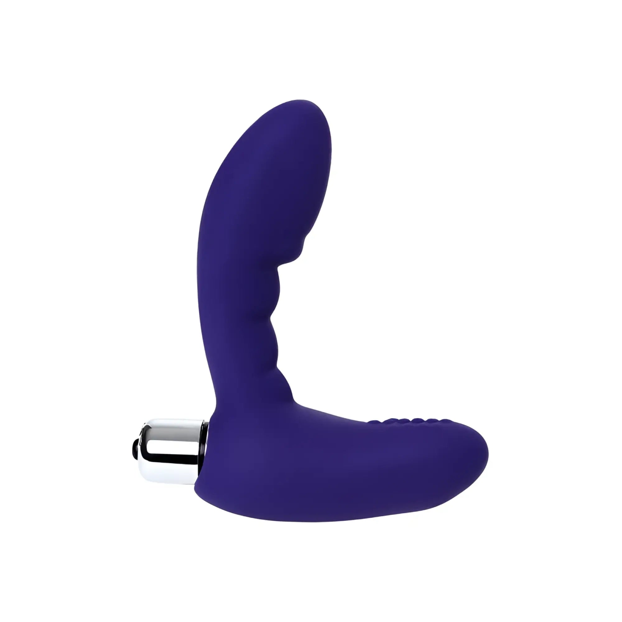 Purple silicone vibrating prostate stim with metallic silver base from todo todo bruman vibrating prostatic pro toy