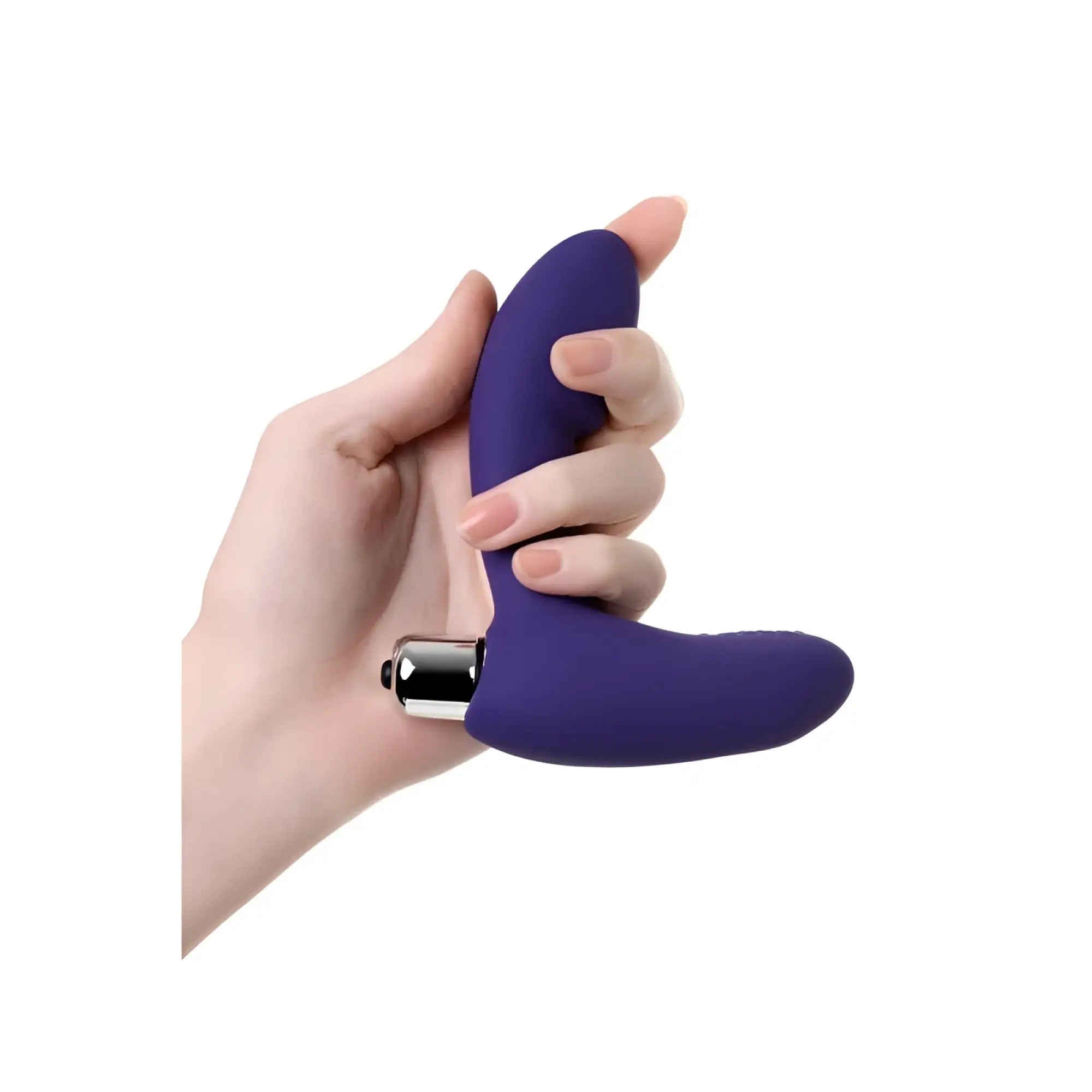 Purple silicone ToDo ToDo Bruman vibrating prostate stim toy with metallic button at the base