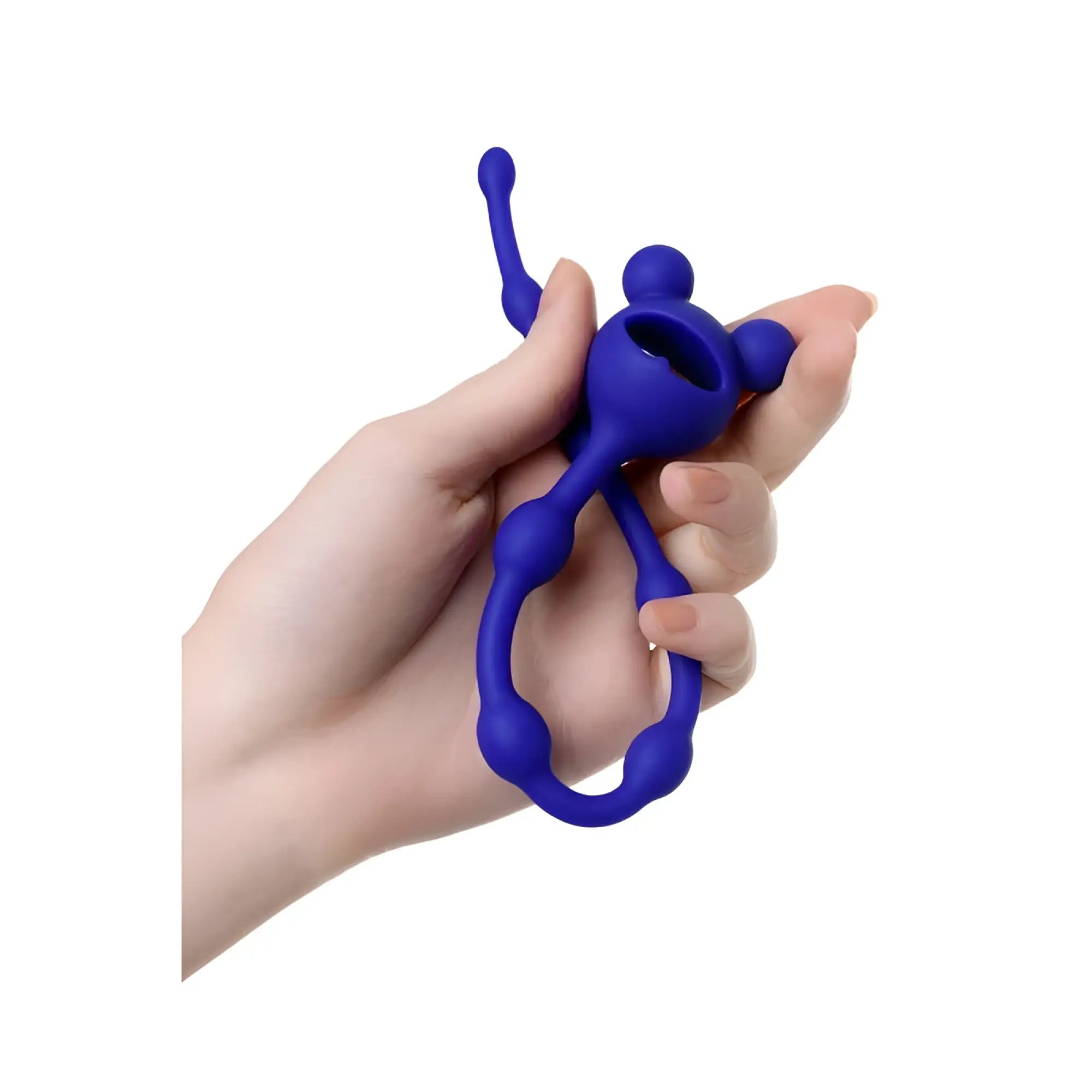 Blue silicone todo todo froggy anal chain with cartoonish alien design and rounded bulbous features in navy blue