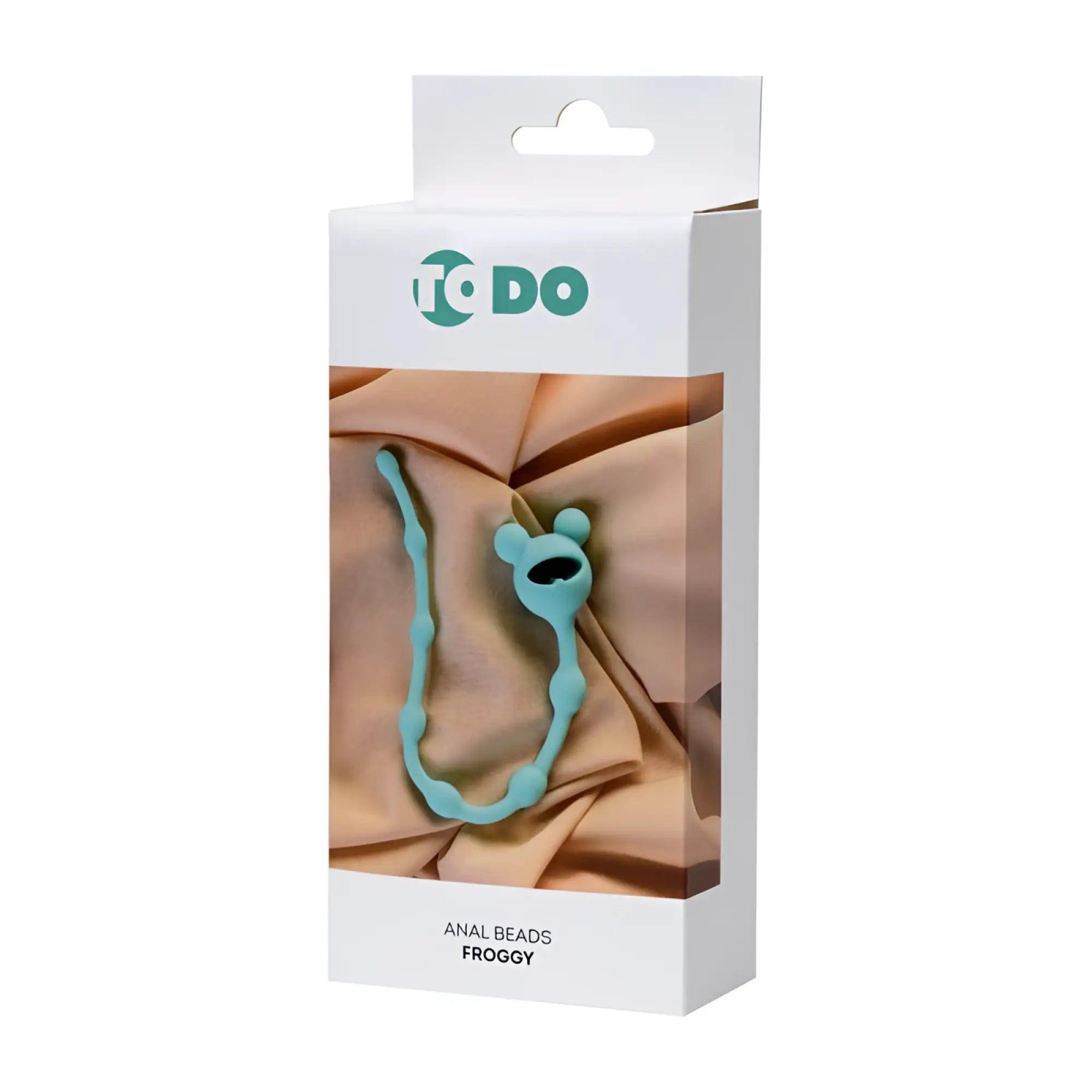 Light blue silicone frog-shaped anal beads in white ToDo brand packaging for ToDo Froggy Anal Chain Teal product