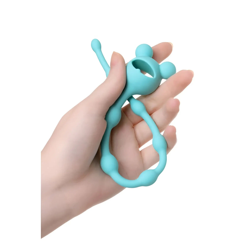 Teal silicone froggy anal chain with rounded ears central hole and segmented arms for secure grip or attachment