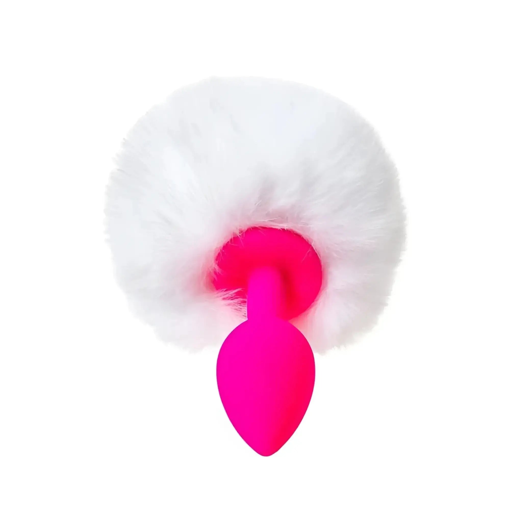 A vibrant pink silicone todo todo sweet bunny anal plug with a fluffy white faux fur pom pom top