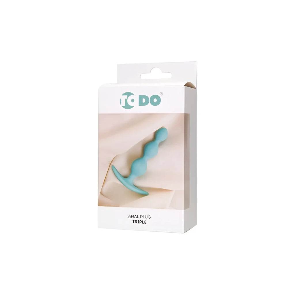 Teal silicone triple anal plug with wavy segmented design and flat base from todo todo shown from back side