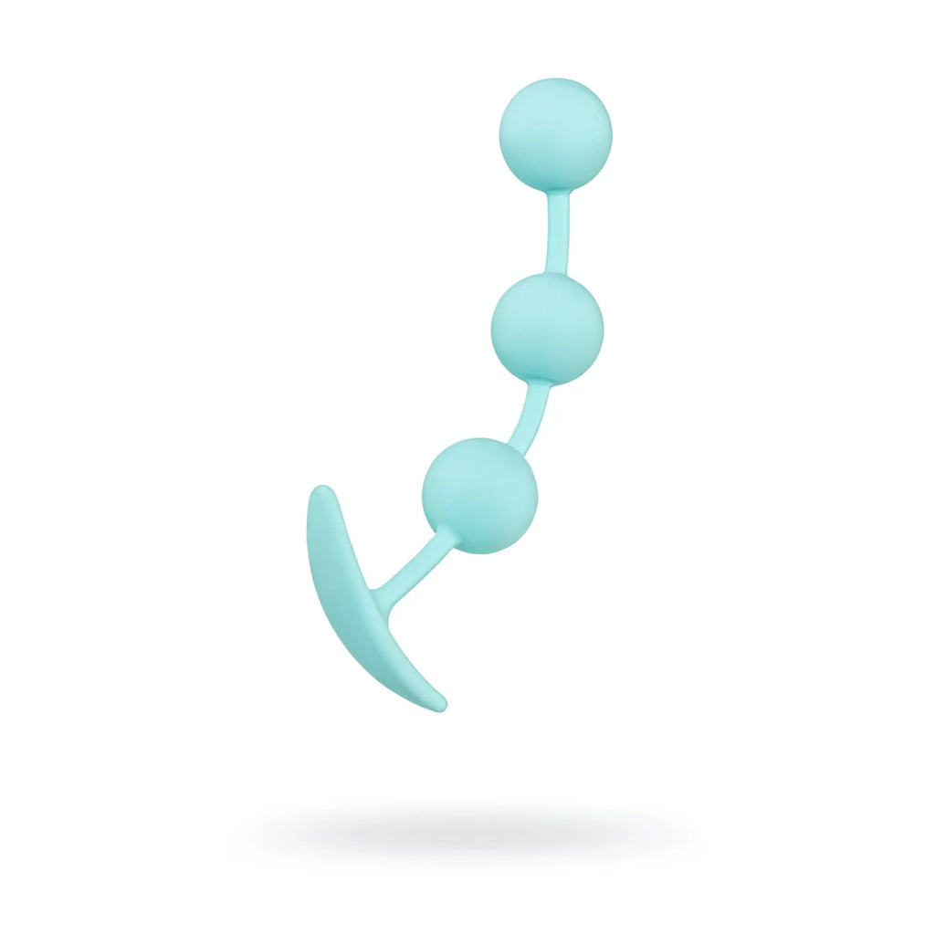 A light blue silicone ToDo ToDo Triplex anal plug with three beads and a curved flange at the base