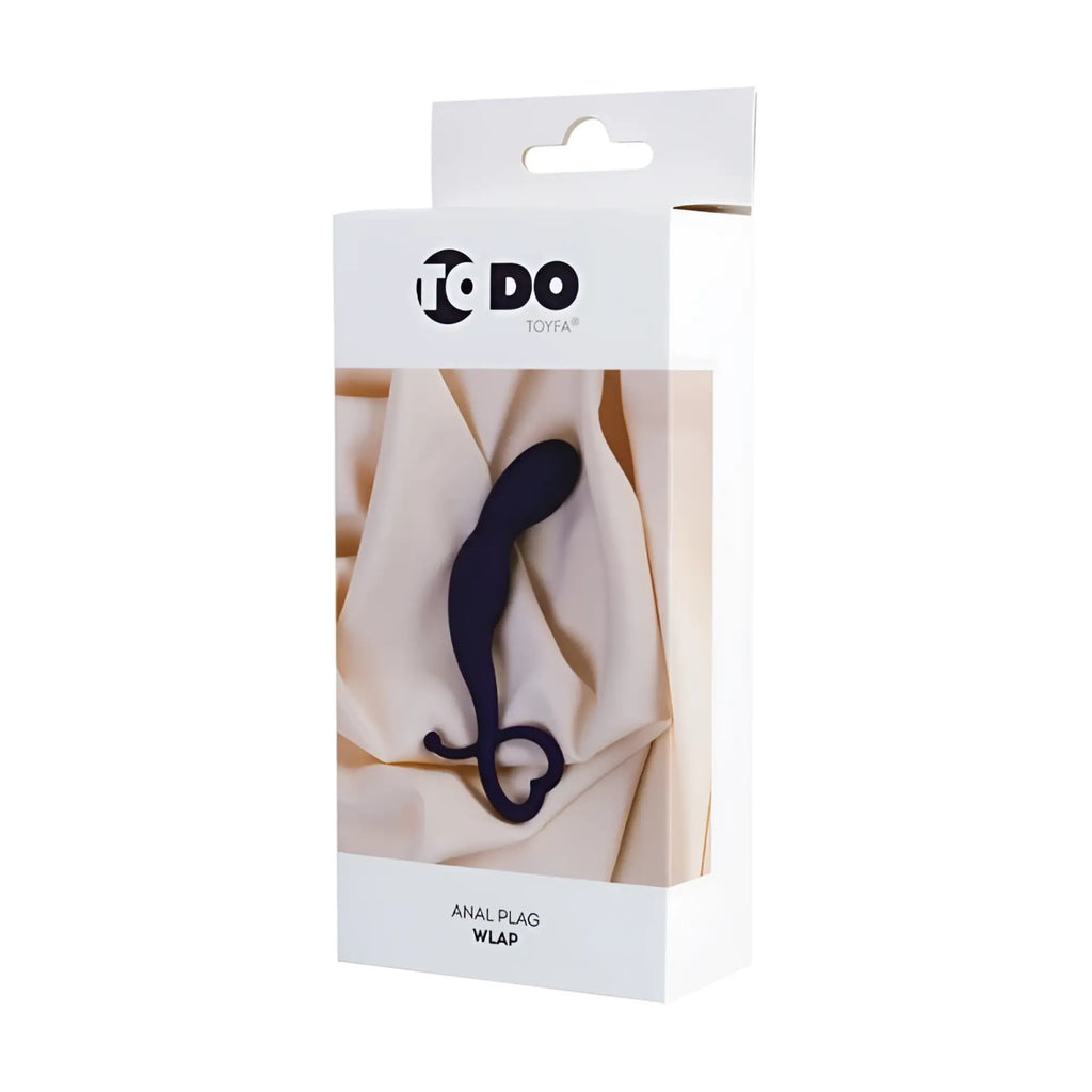 Black silicone todoto do wlap anal plug with curved ergonomic design and heart-shaped base for comfortable use