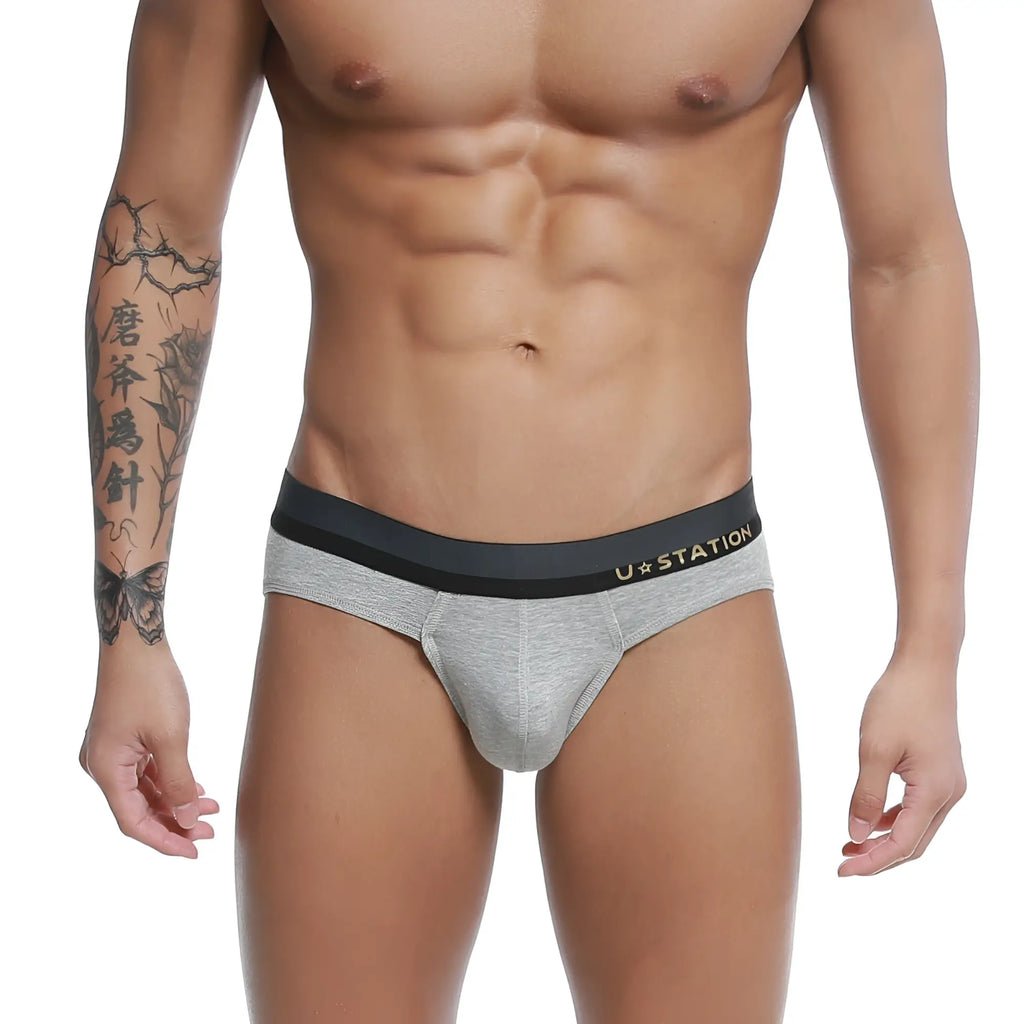 Gray heathered u-station adam briefs with black elastic waistband and gold logo U0122-020