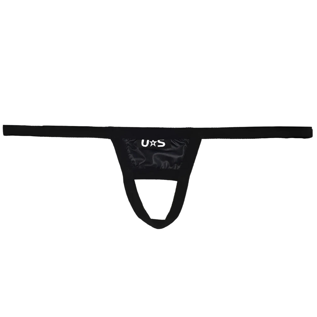 Black us branded thong with glossy stretchy fabric and central pouch design for u station ball holder black u0011-001