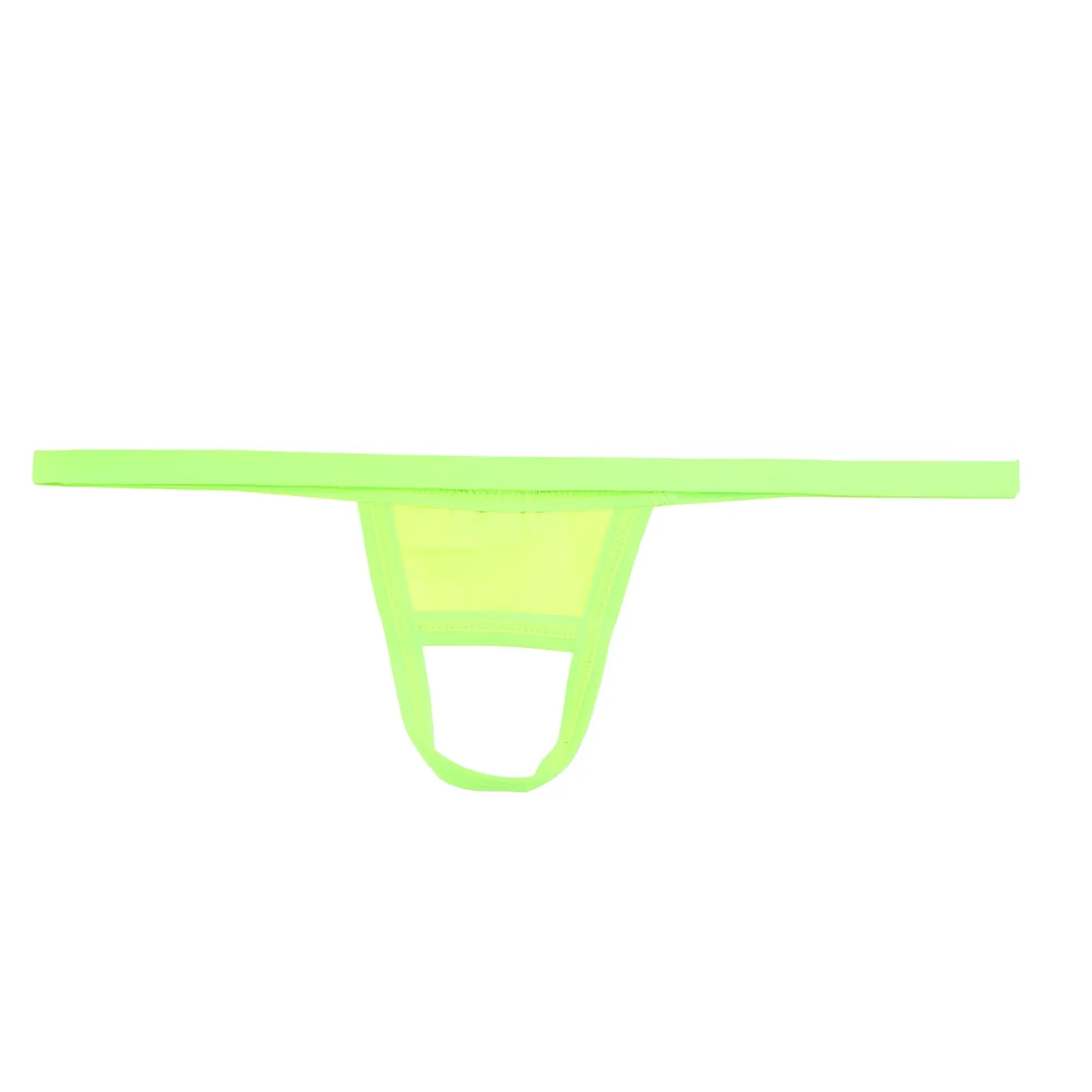 Bright neon green u-station ball holder thong made of stretchy fabric with a minimalist design visible from the back side