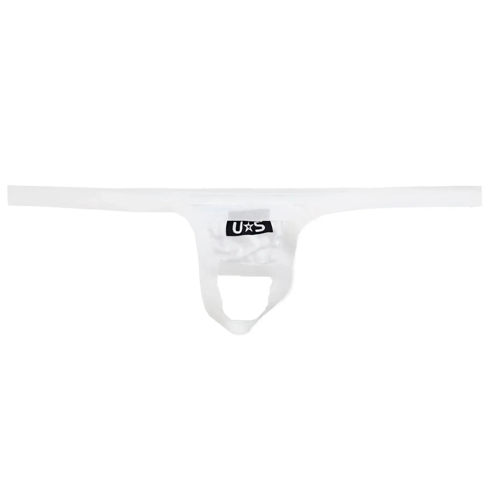 White u station ball holder thong in white made of smooth stretchy fabric with a minimalist design visible from the back