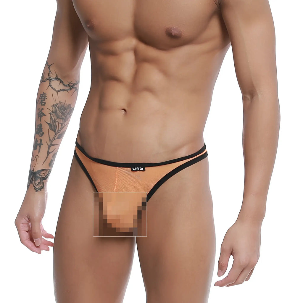Orange mesh thong with black trim and small urs logo on waistband u station bar thong neon orange u0014-800