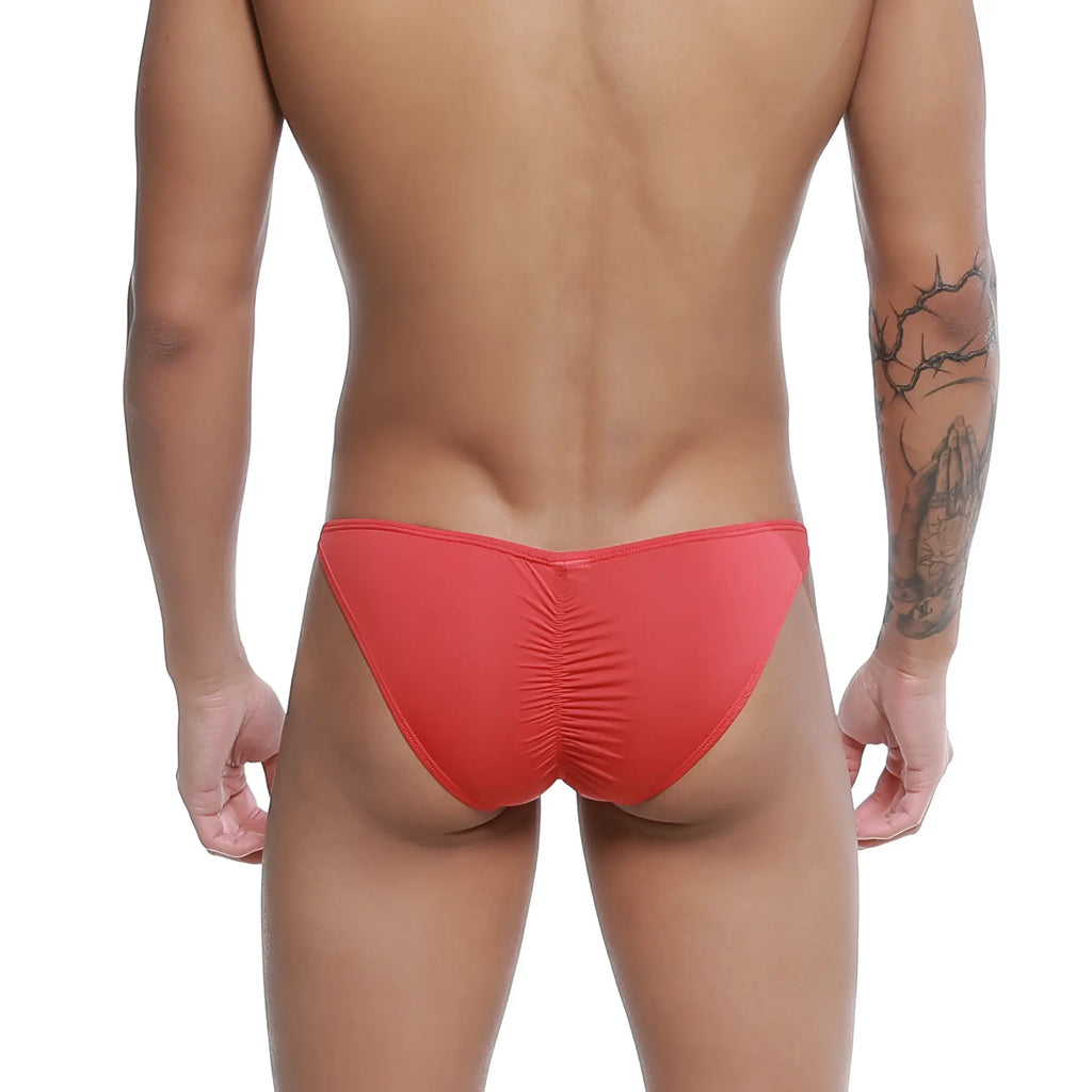 Red form-fitting swim trunks with ruched back design from u-station me bikini collection visible from the back side