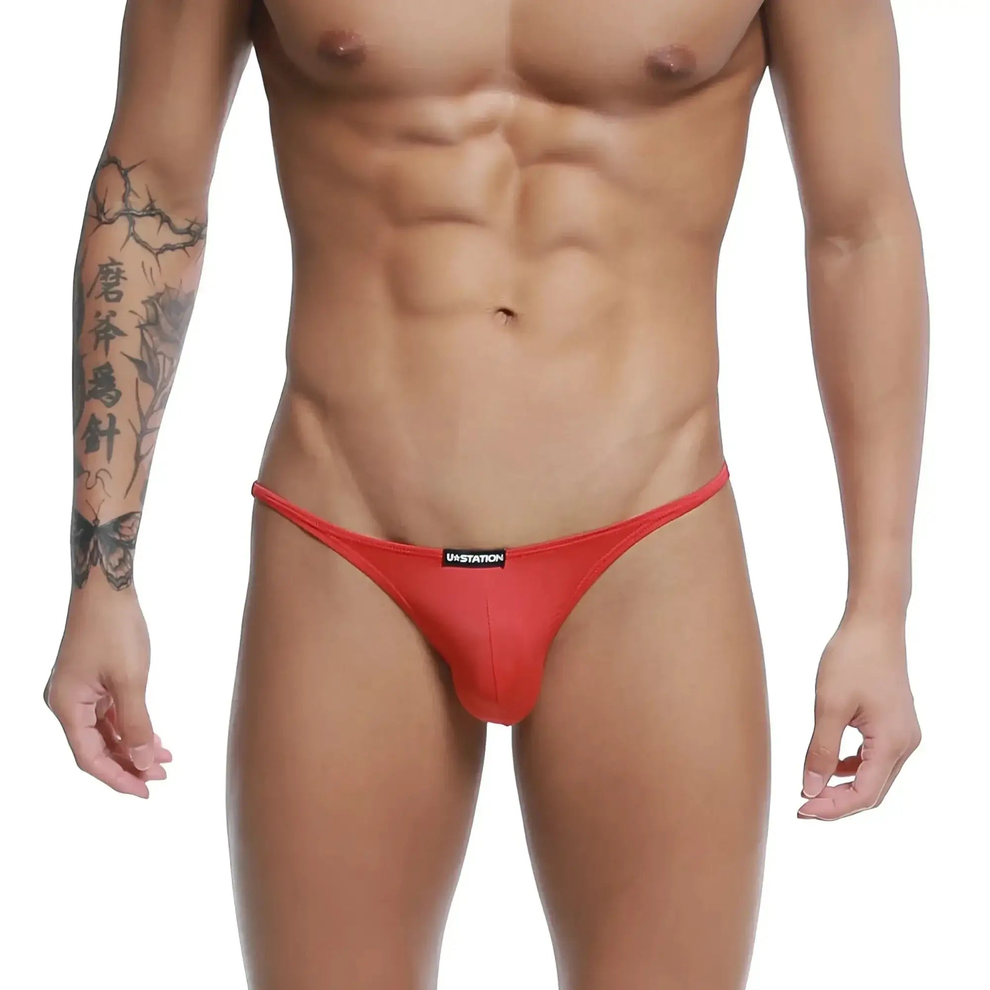 Red u-station thong with a snug form-fitting design from u-station me bikini red u0032-600 shown from the back