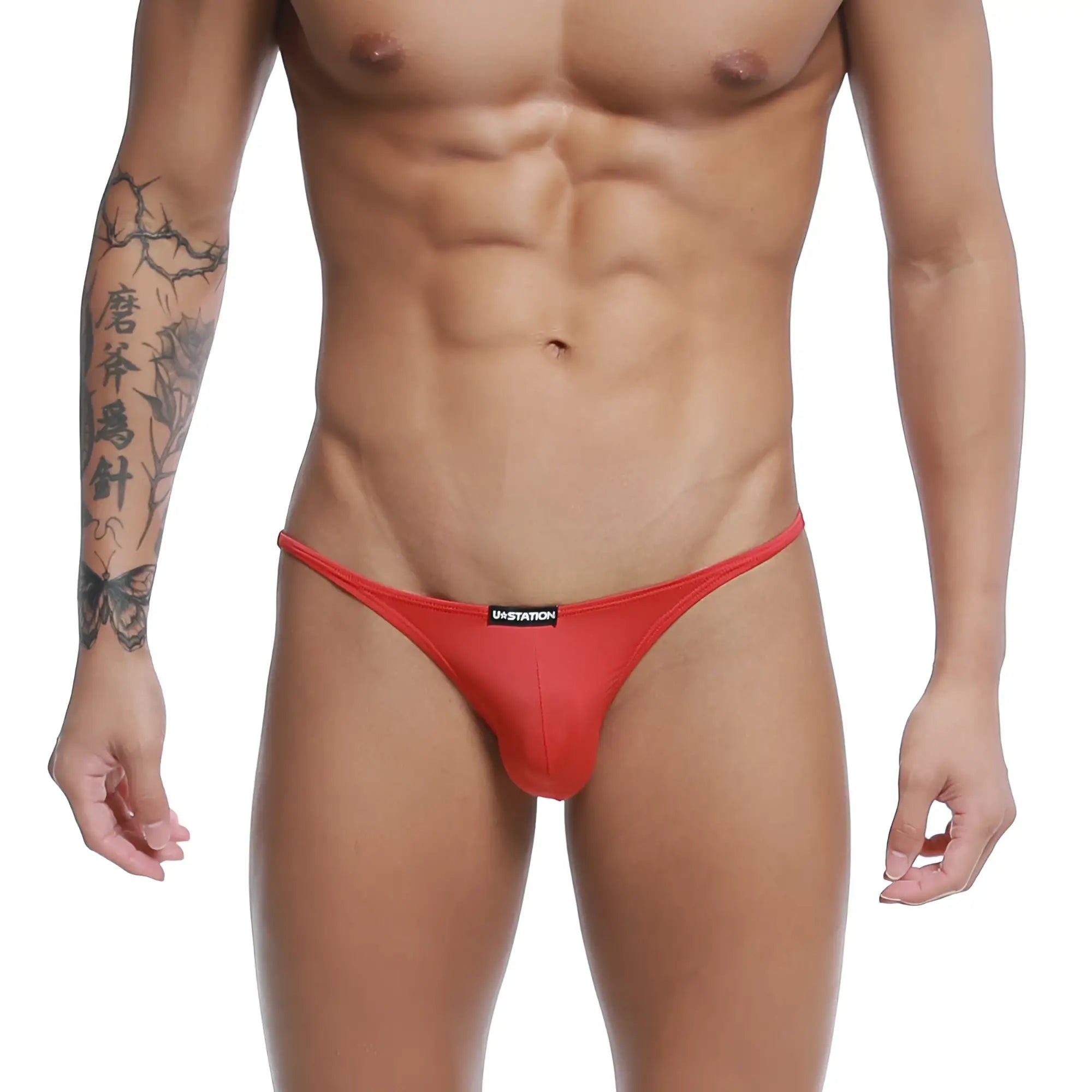 Red u-station thong with a snug form-fitting design from u-station me bikini red u0032-600 shown from the back