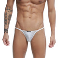White sheer thong bikini with black u-station brand label on waistband for swimwear use