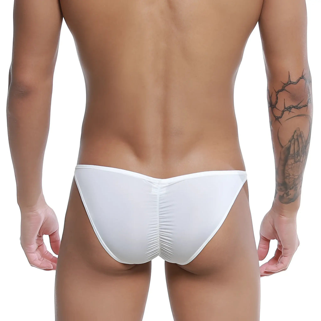 White u-station me bikini swim trunks with ruched back design in form-fitting swimwear fabric