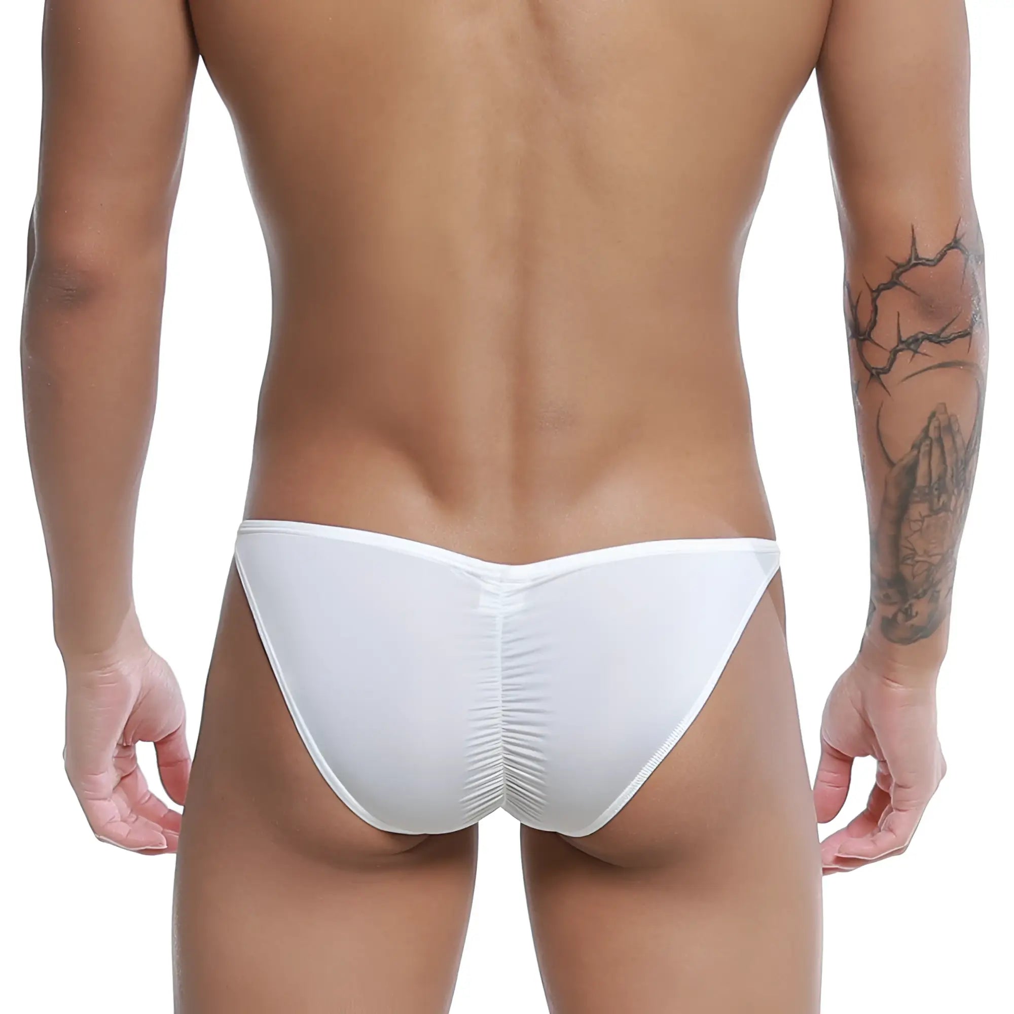 White u-station me bikini swim trunks with ruched back design in form-fitting swimwear fabric