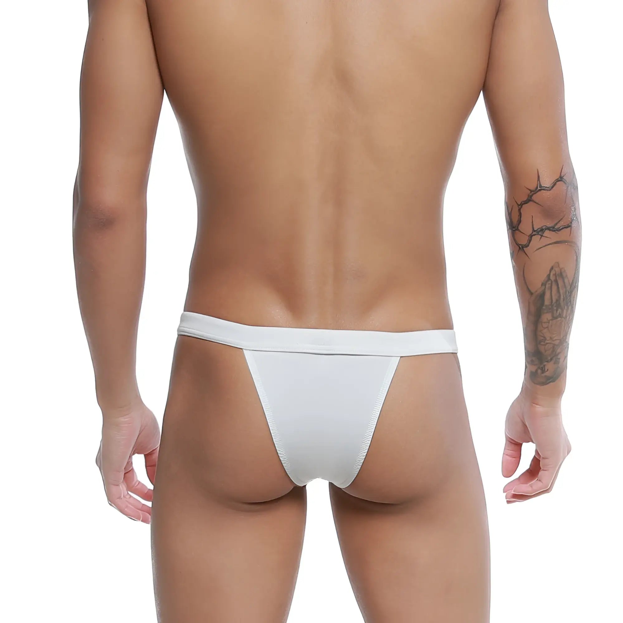 White thong briefs with a smooth seamless design and narrow waistband from u-station bow bikini gray u0052-020 collection