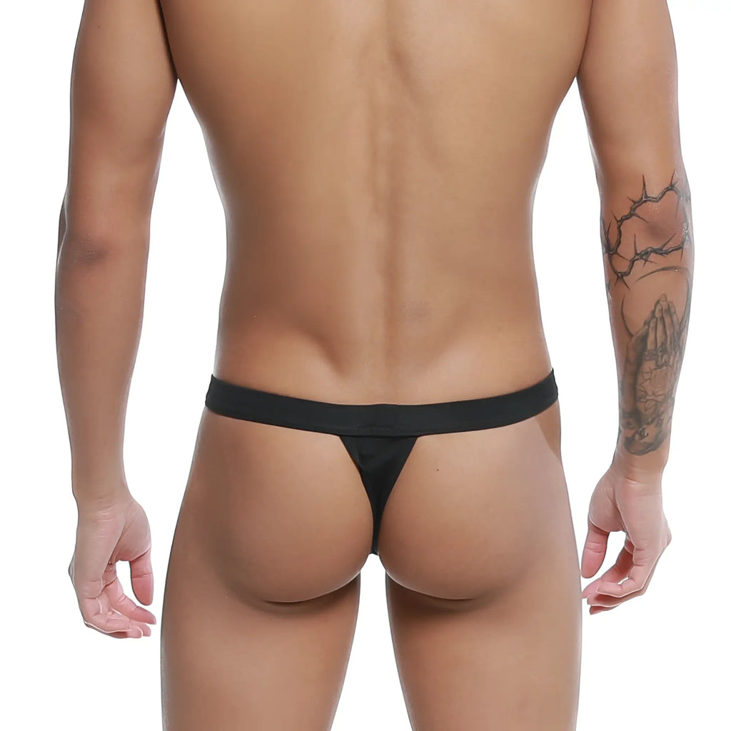 Black u-station bow thong made of smooth stretchy fabric with a narrow waistband shown from the back side