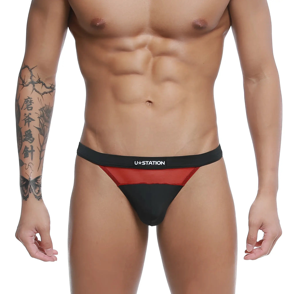 Black and red U-Station Bow Thong U0004-001 athletic briefs with bold sporty design for active wear