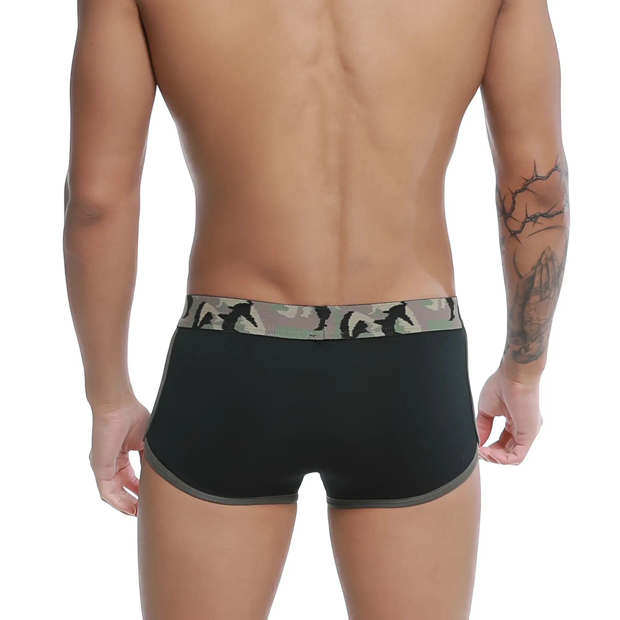 Black briefs u-station brazilian trunk khaki with camouflage waistband featuring running figure silhouettes