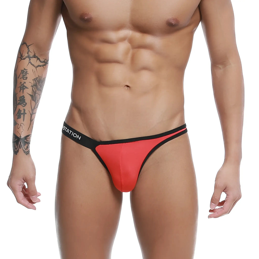 Red and black thong bikini with sleek form-fitting design u-station calypso bikini red u0012-600 back view