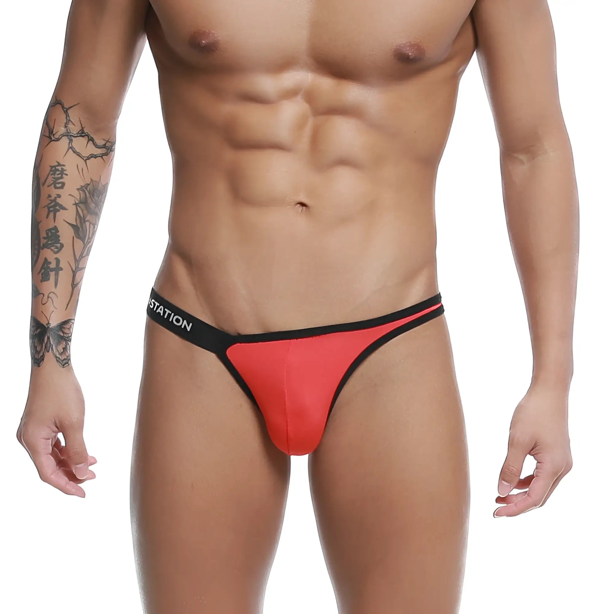 Red and black thong bikini with sleek form-fitting design u-station calypso bikini red u0012-600 back view