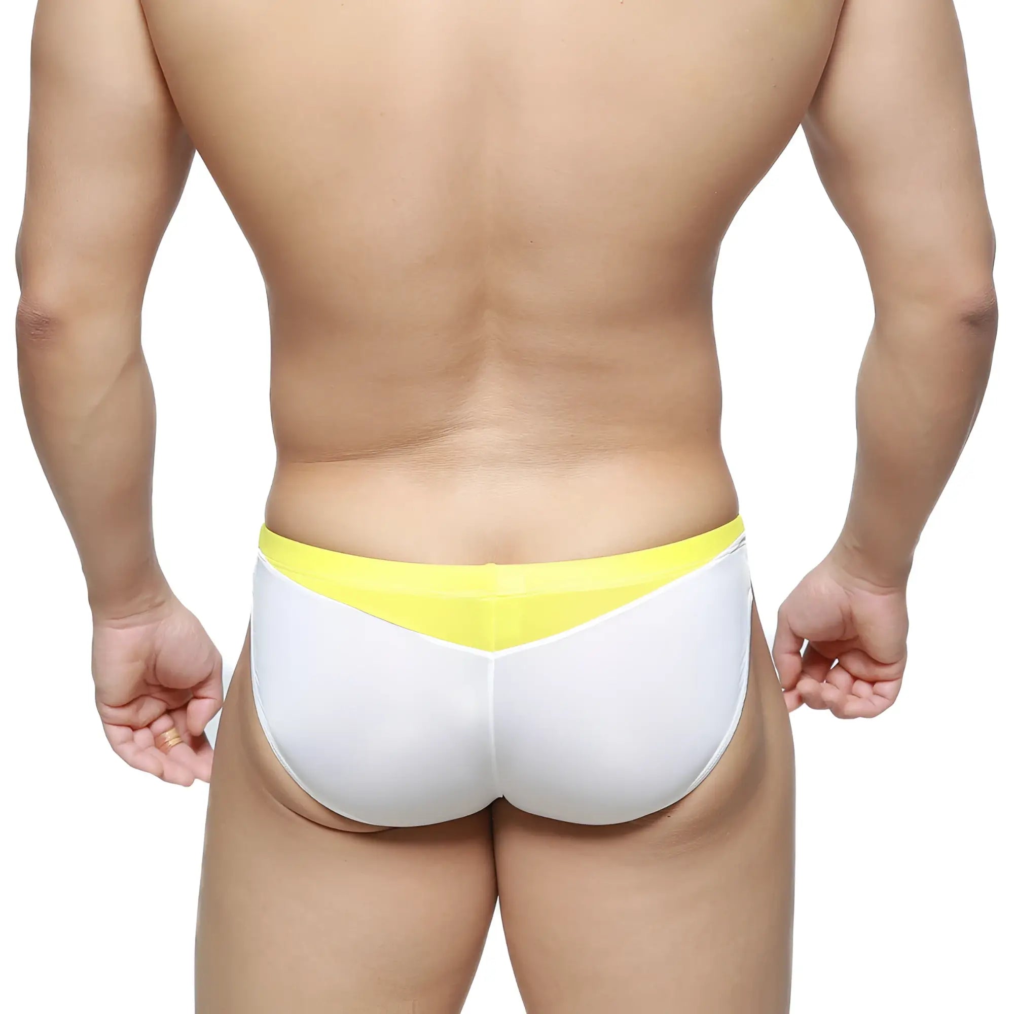White briefs with a bright yellow waistband from U-Staion Fab Brief Black U2302-001 featuring comfortable fabric