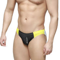 Black and yellow u-station fab brief swim trunks with white side panel and vertical ustation logo on front