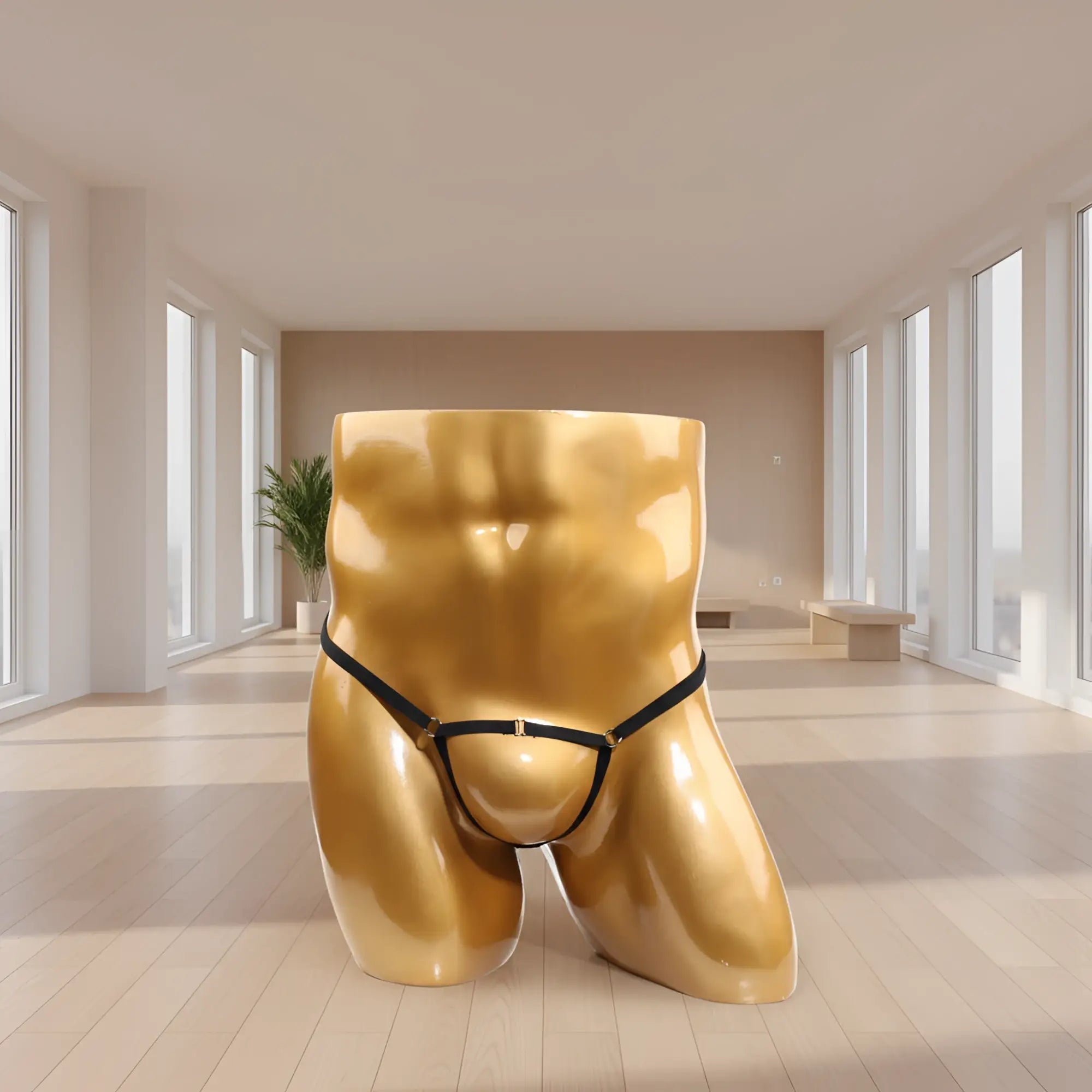 Golden metallic sculpture of male torso wearing black leather style harness for u station foundation thong adjustable