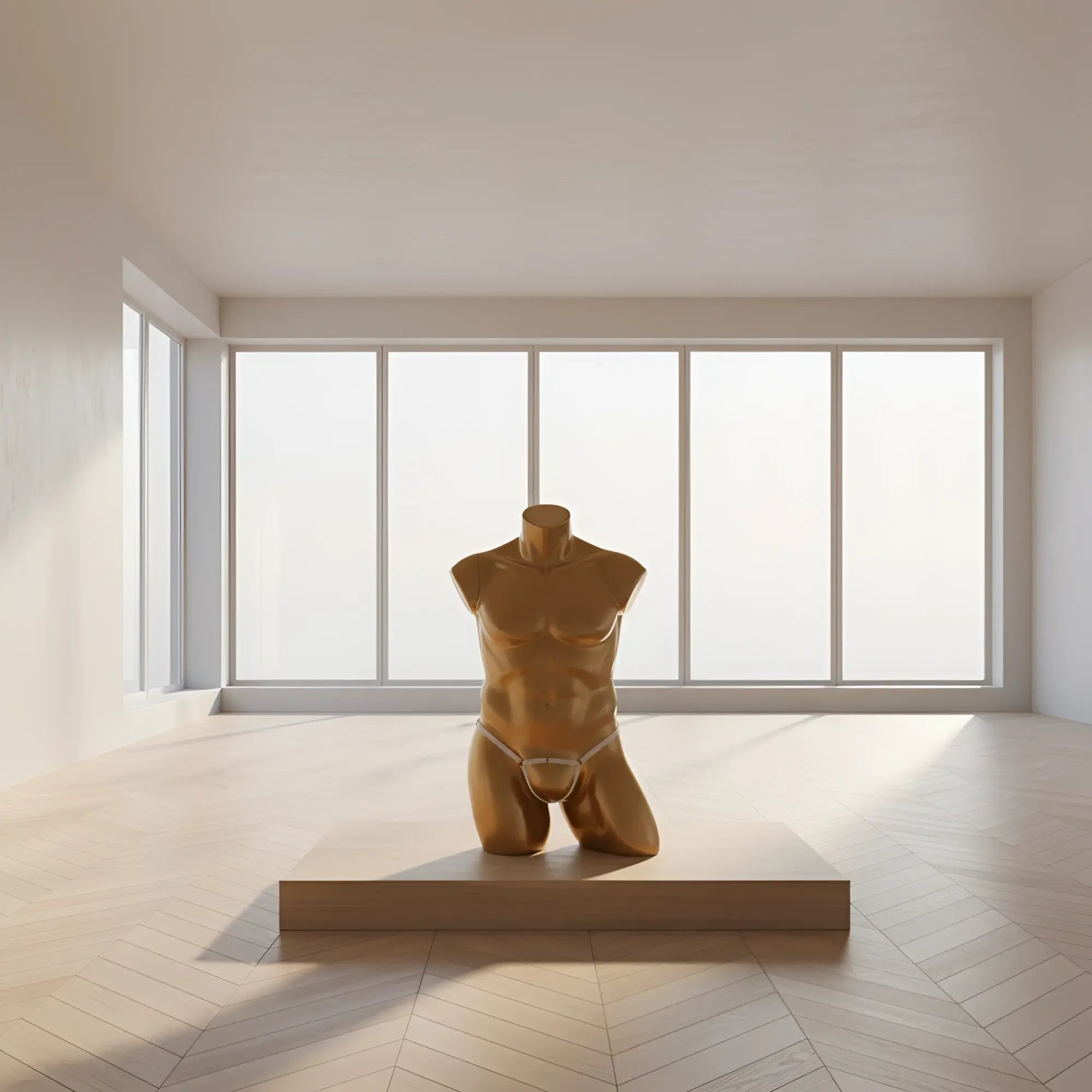 Golden metallic torso sculpture with minimalist design on wooden pedestal for u-station foundation thong adjustable white u0024-100