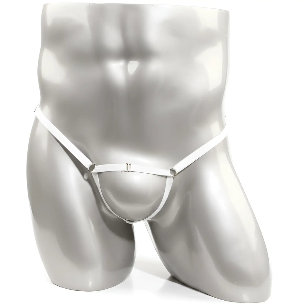 White leather thong with silver metal clasps and adjustable straps from U-Station Foundation collection