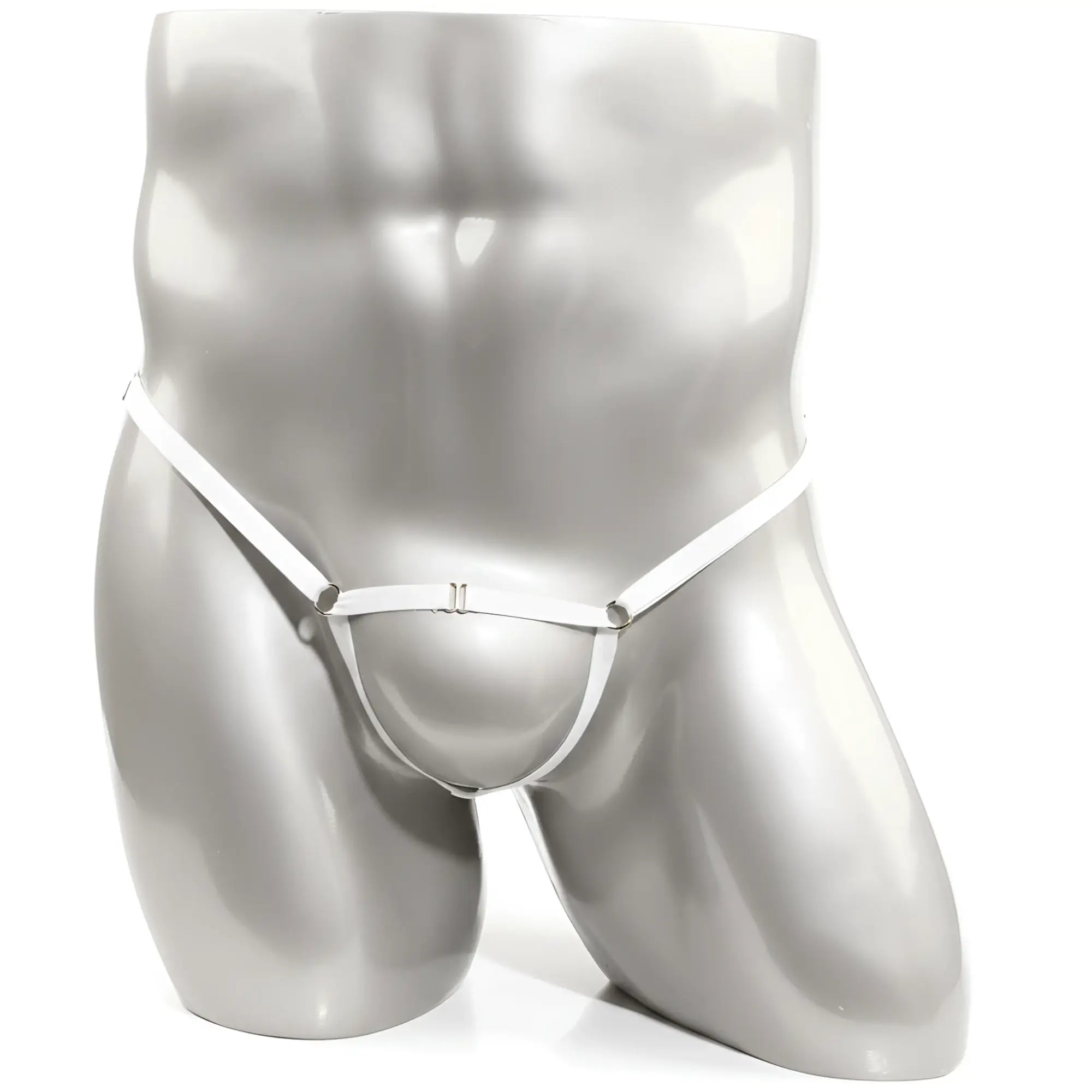 White leather thong with silver metal clasps and adjustable straps from U-Station Foundation collection