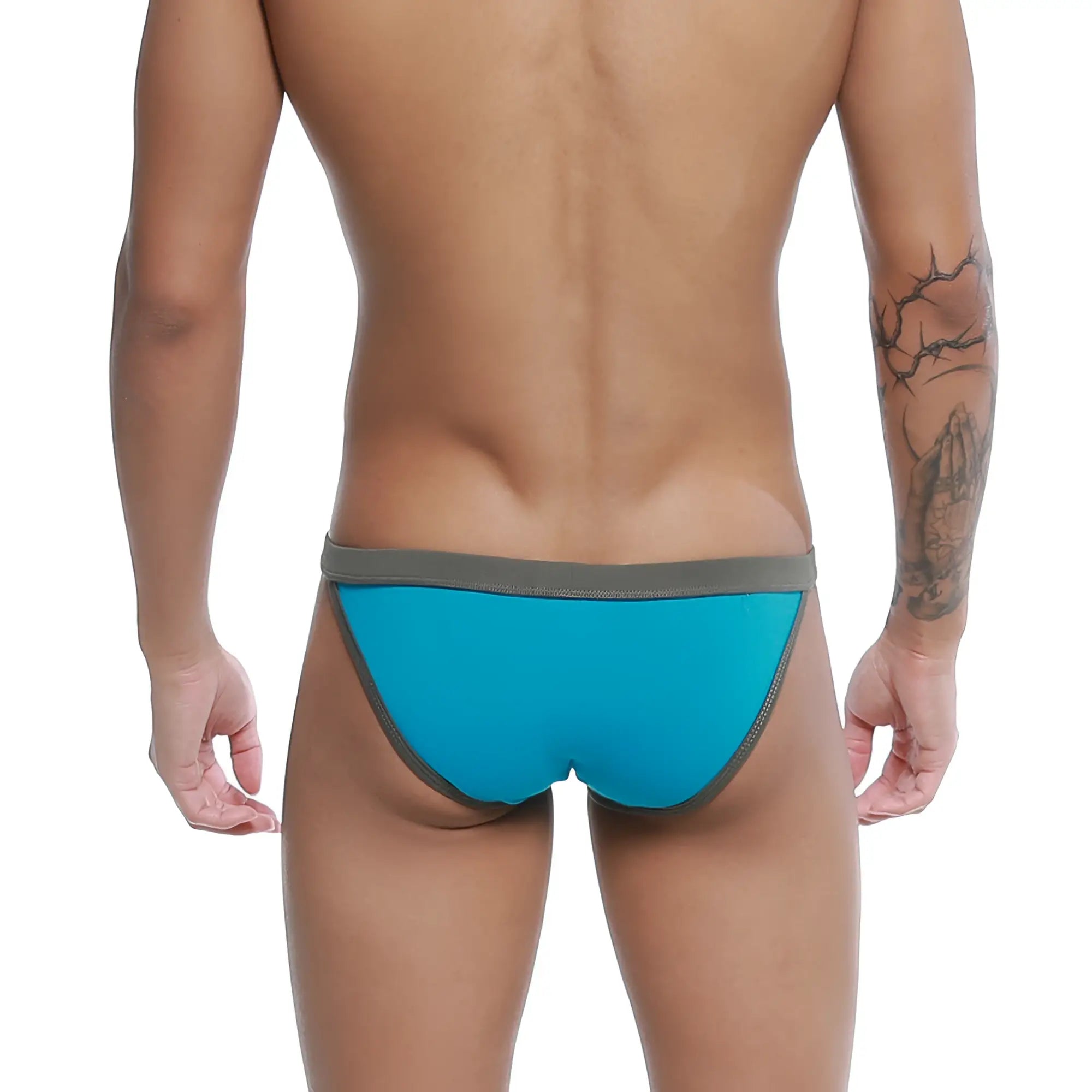 Bright blue u-station frisa bikini swim trunks with contrasting gray waistband for beachwear