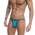 A vibrant turquoise thong with a dark gray waistband and straps from the u-station frisa bikini blue u1012-440 collection