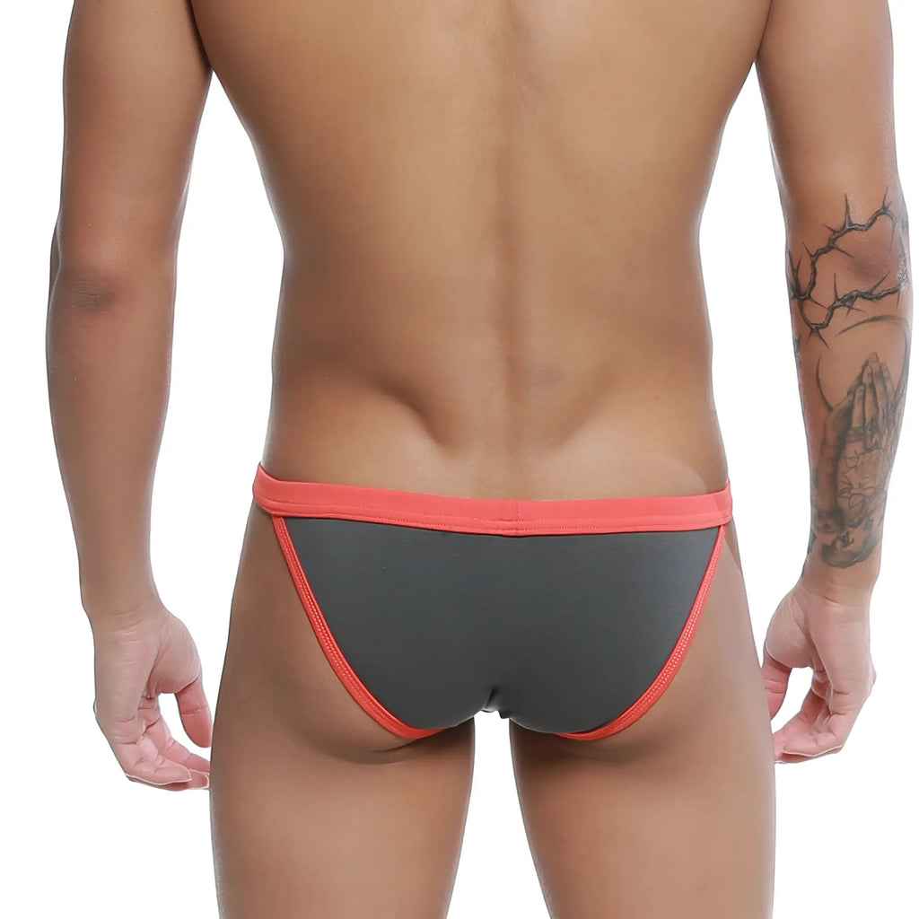 Gray and coral-red u-station frisa bikini athletic briefs with a snug form-fitting design for active use