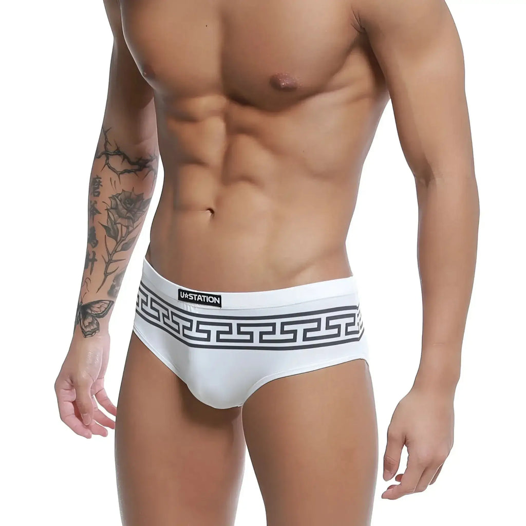 White men’s briefs u station greek bikini black u0042-111 with black greek key waistband and brand name print