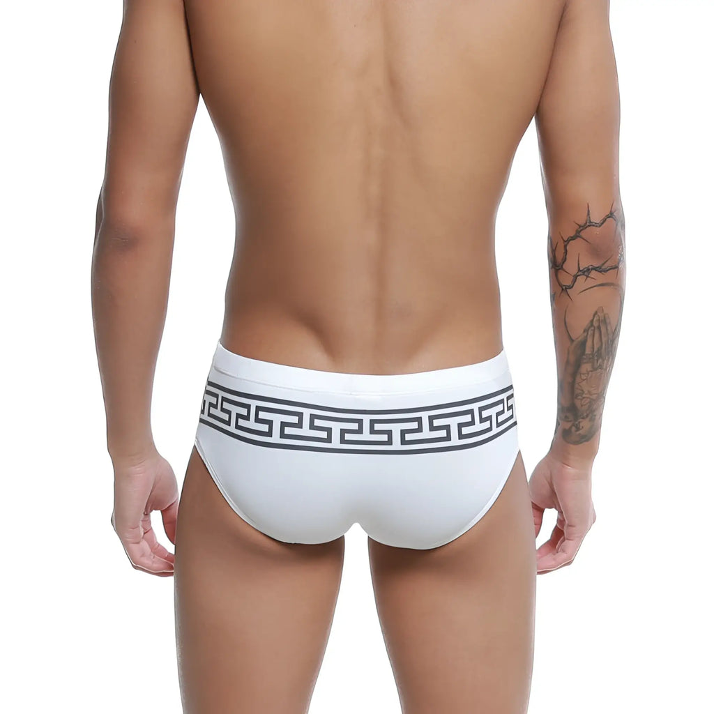 White men’s briefs u station greek bikini black u0042-111 with bold black greek key pattern on waistband