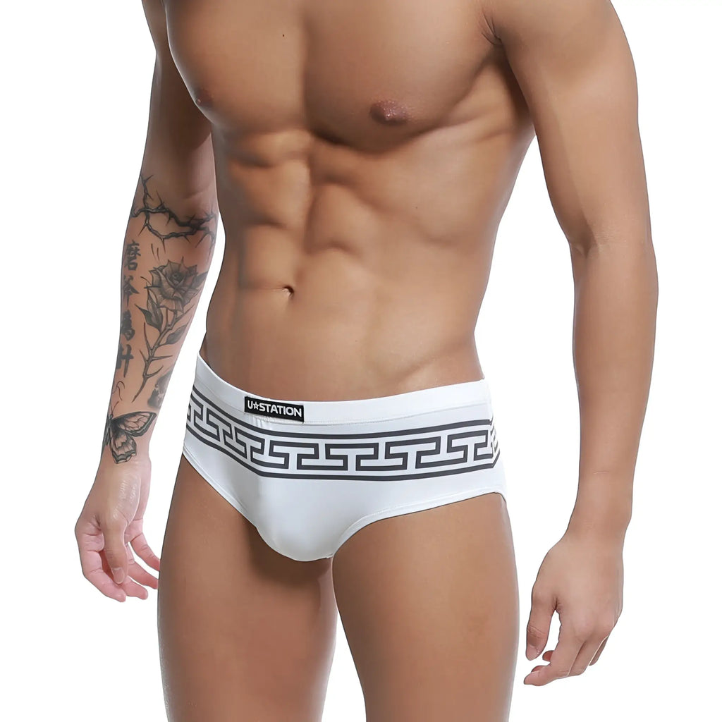 White men’s briefs u station greek bikini black u0042-111 with black greek key waistband and brand name print